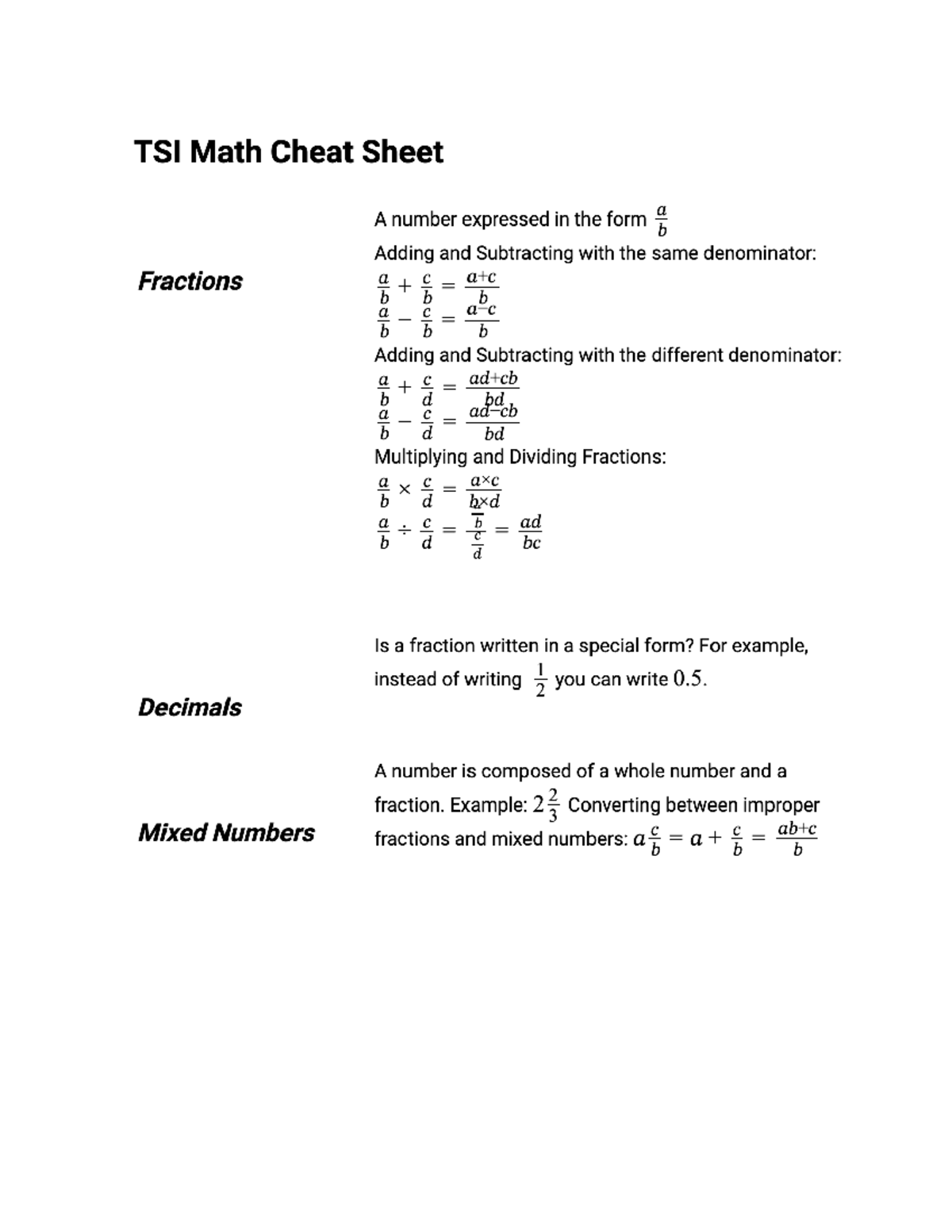 TSI Math Cheat Sheet: Key Formulas and Concepts - Studocu