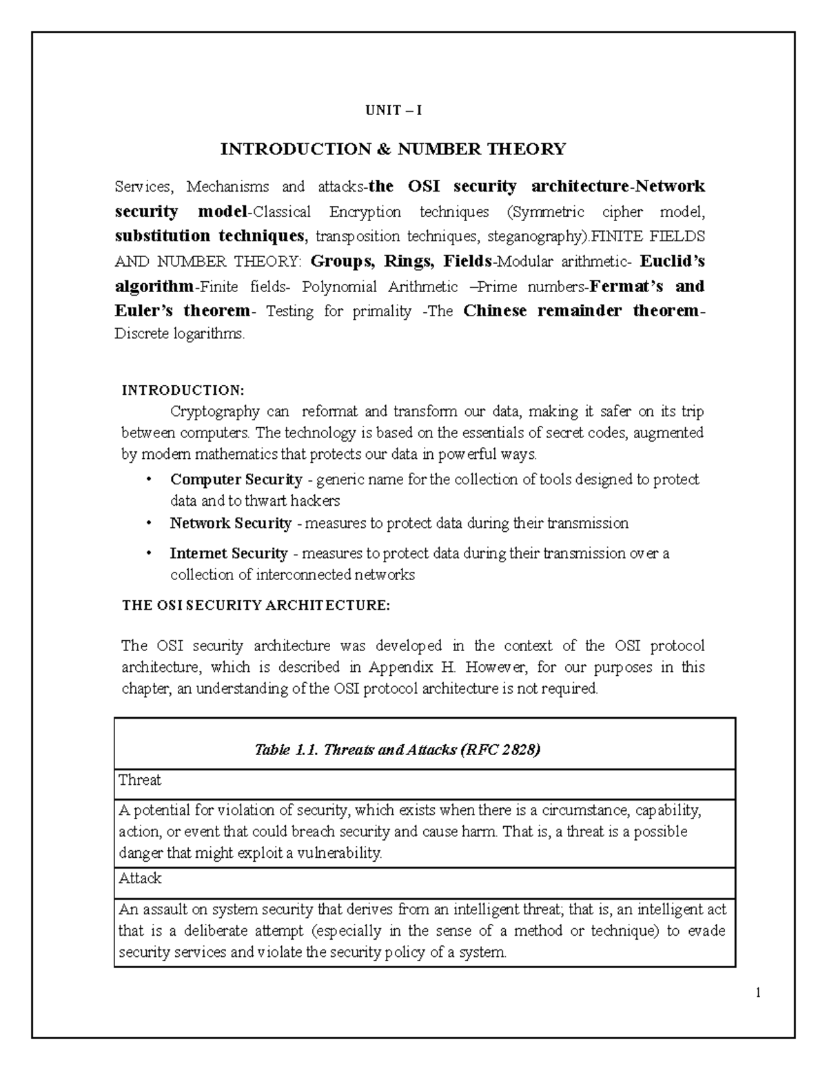 CNS 101 - Unit I: Lecture Notes on Cryptography & Security Models - Studocu
