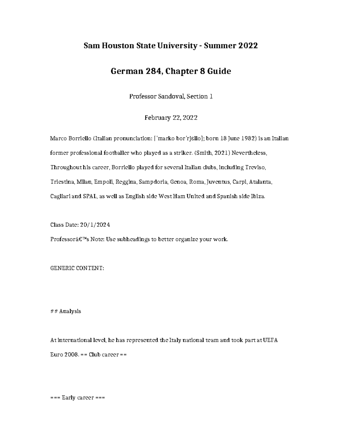 German 284 Chapter 8 Guide - Sam Houston State University - Summer 2022 ...