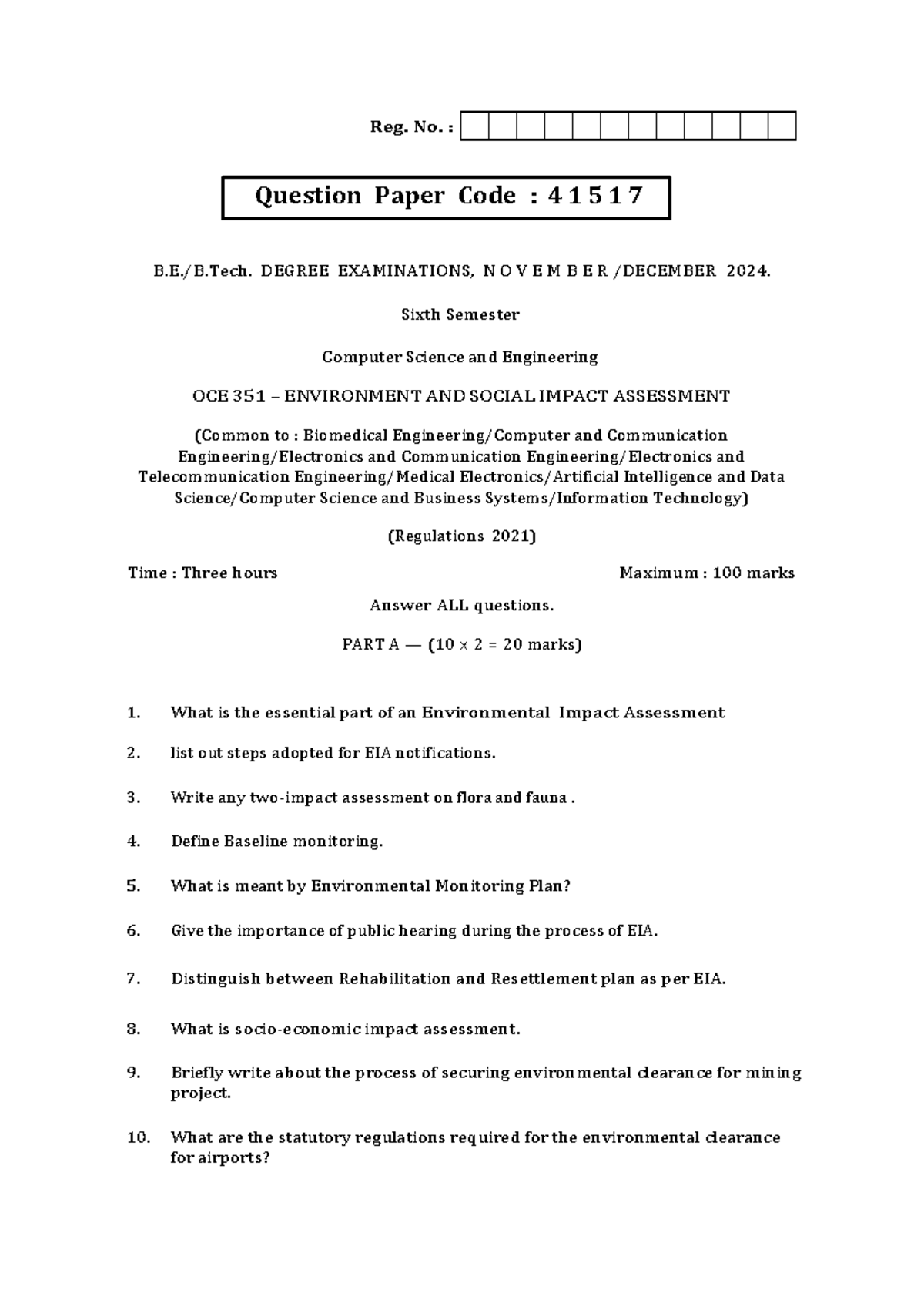 OCE 351 Final Exam: Environmental & Social Impact Assessment - Studocu