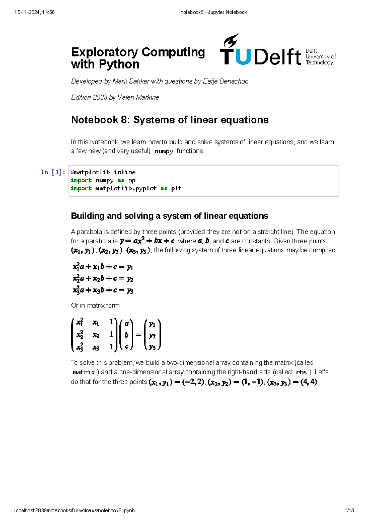 Notebook 8 - Linear Equations & Curve Fitting with Numpy - Studeersnel
