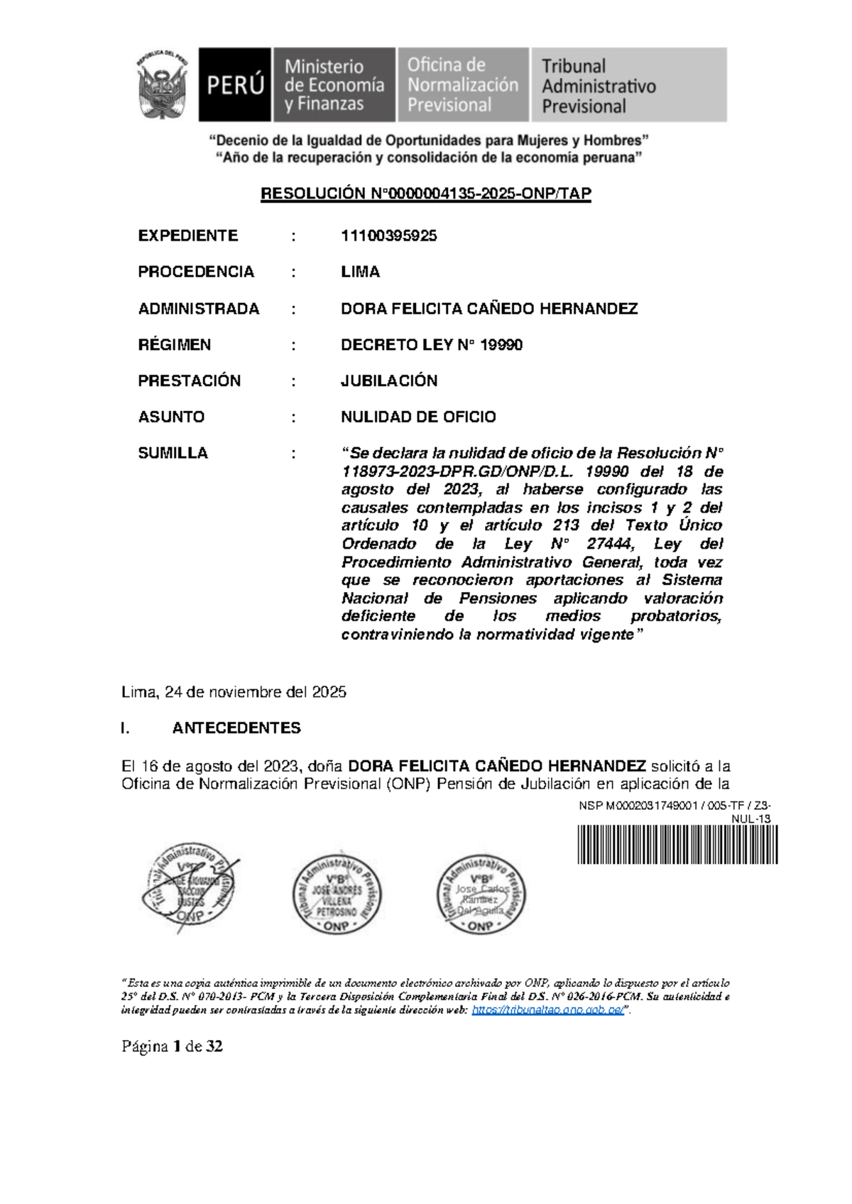 Nulidad de la Resolución de Pensión de Jubilación - 0000004135-2025-ONP TAP - Document Preview