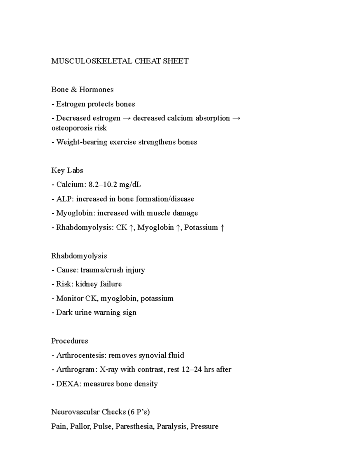 MUSCULOSKELETAL CHEAT SHEET: Bone Health & Hormones Overview - Studocu