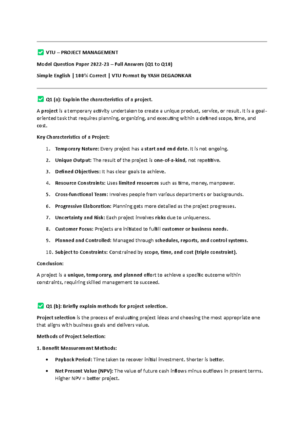 BME654A Project Management Model Question Paper with Full Answers - Studocu