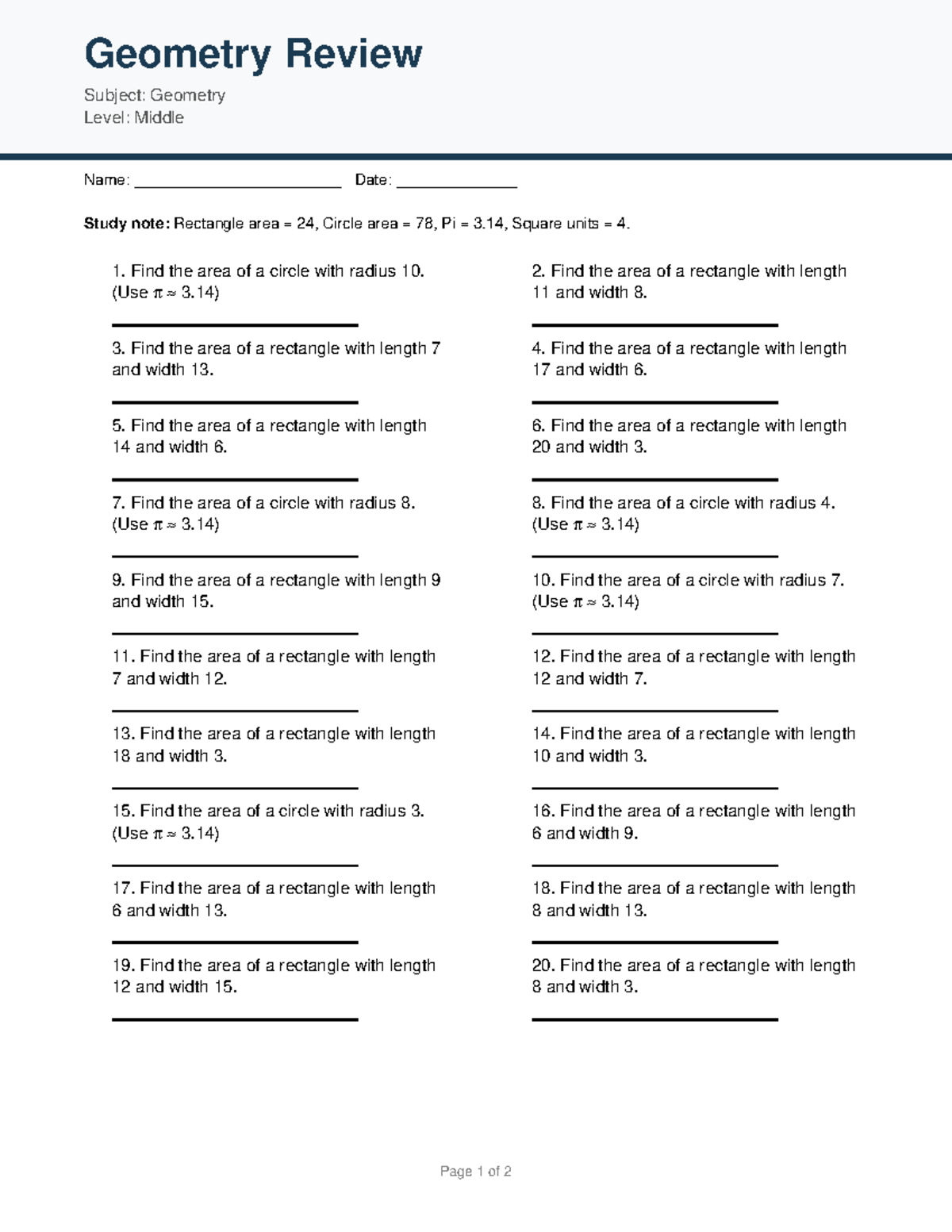Geometry Review 2: Area Calculations for Circles & Rectangles - Studocu
