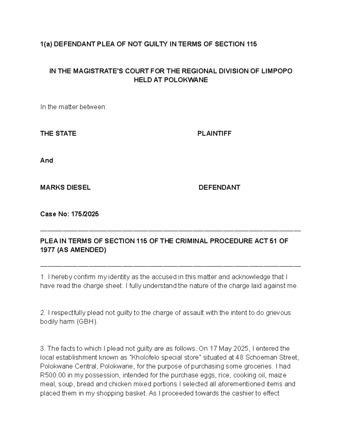 Trial and Litigation Assignment 555557777: Defendant's Not Guilty Plea ...