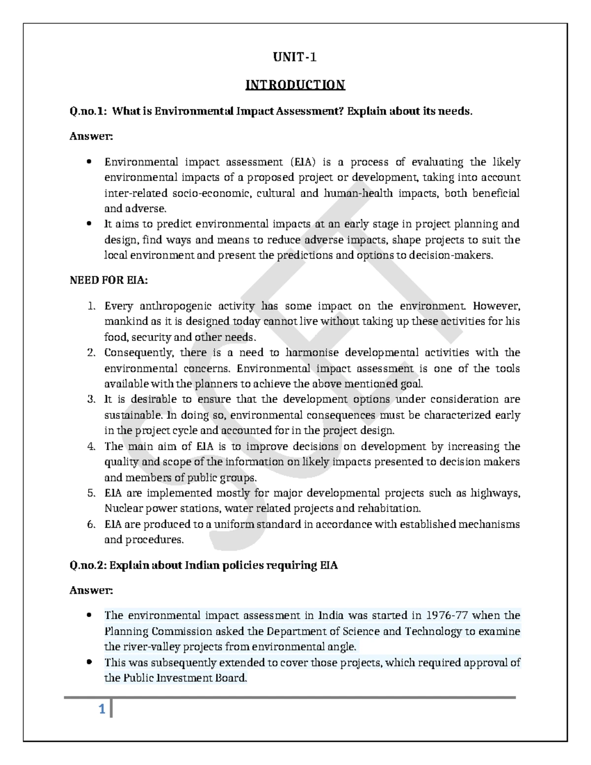UNIT-I Environmental Impact Assessment (EIA) Notes for Study - Studocu