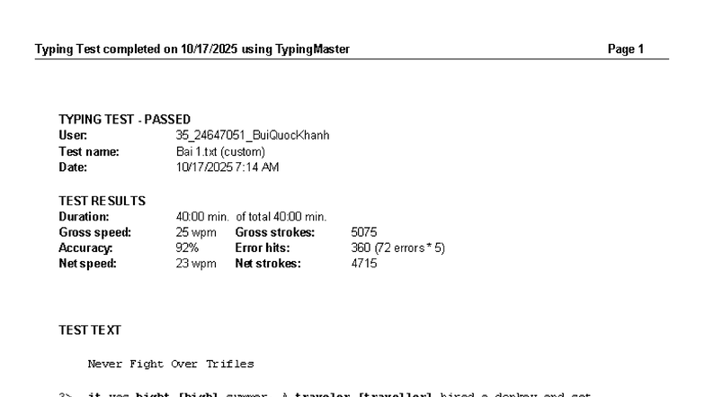 Typing Test Results: 35_24647051_BuiQuocKhanh - Bai 1.txt - Studocu