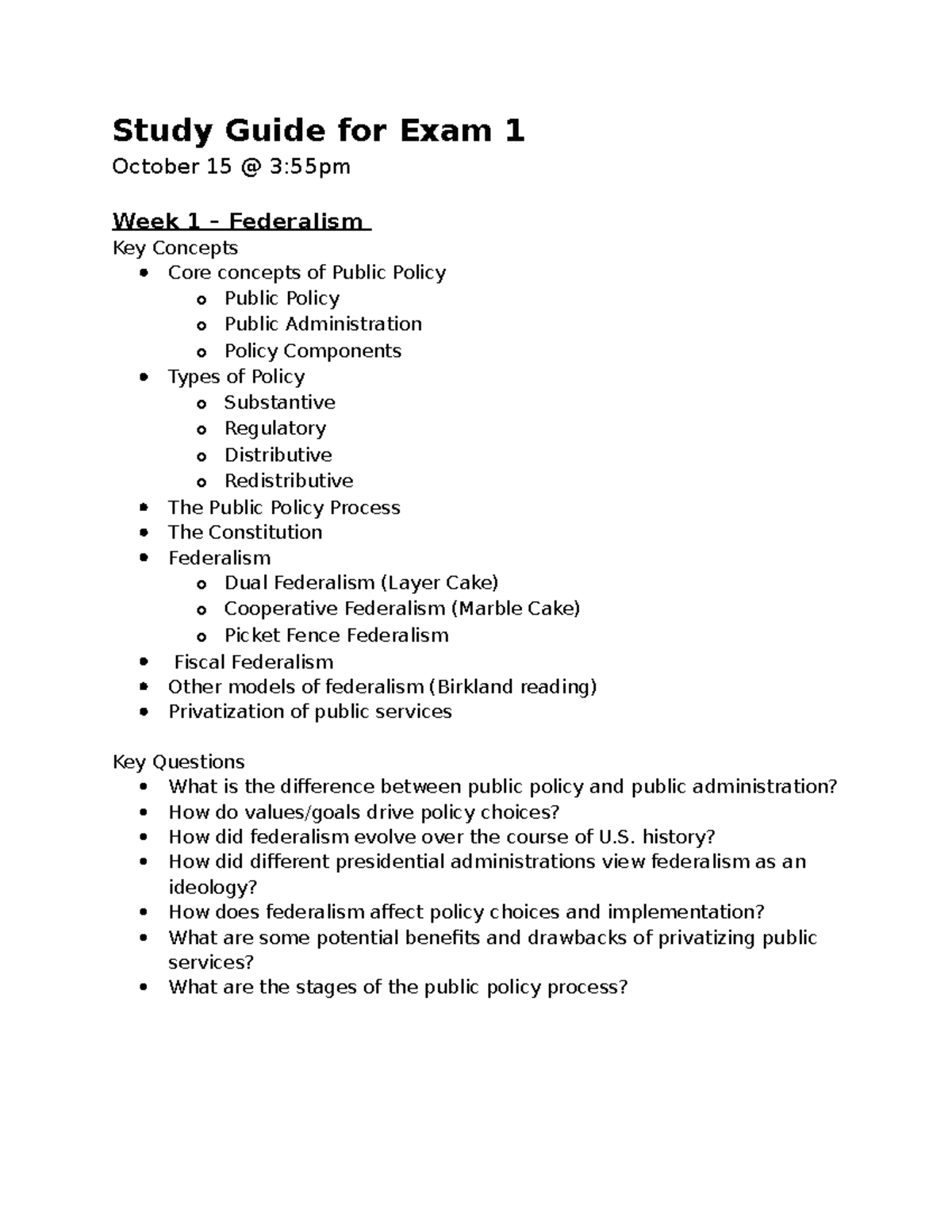 Public Policy Study Guide for Exam 1 (POLS-101) - Key Concepts and ...