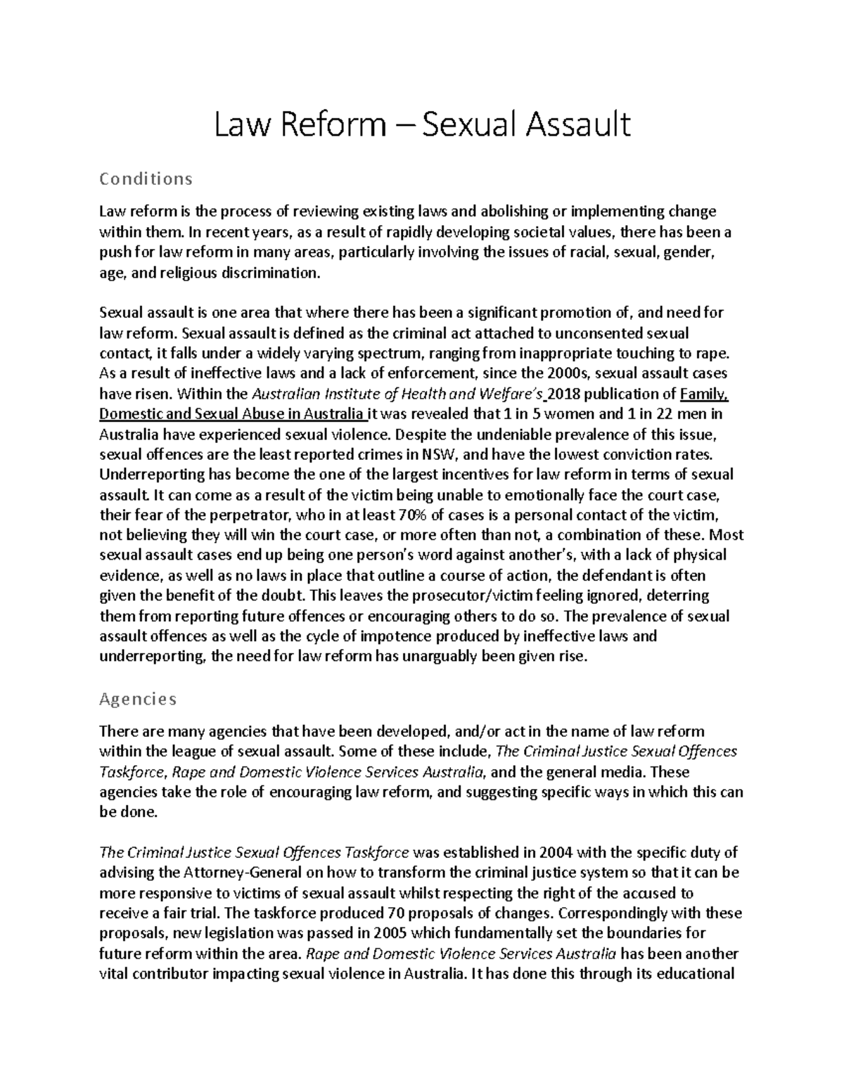 Law Reform - Legal AT 1 - TW: Sexual Assault Assignment Overview - Studocu