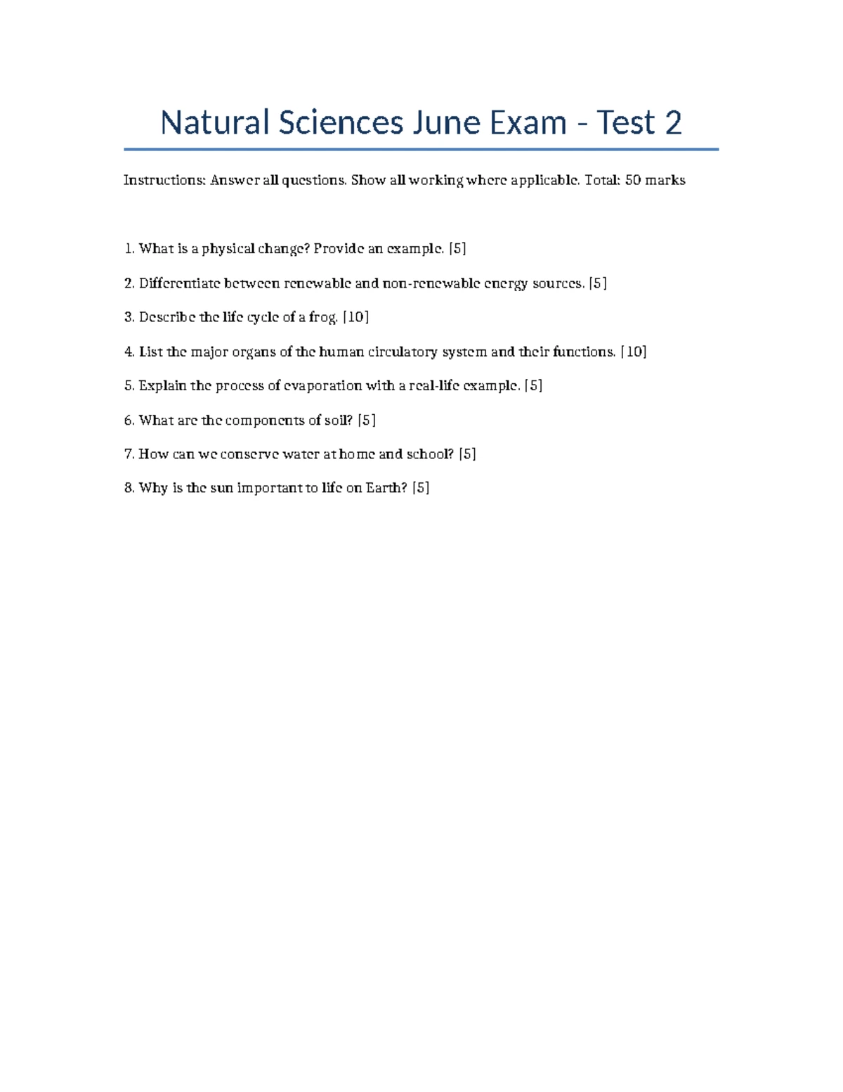 Natural Sciences Test 3 - Natural Sciences June Exam - Test 3 ...