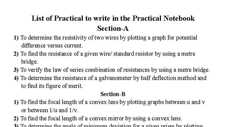List of Practical Activities for Notebook - Physics Lab - Studocu