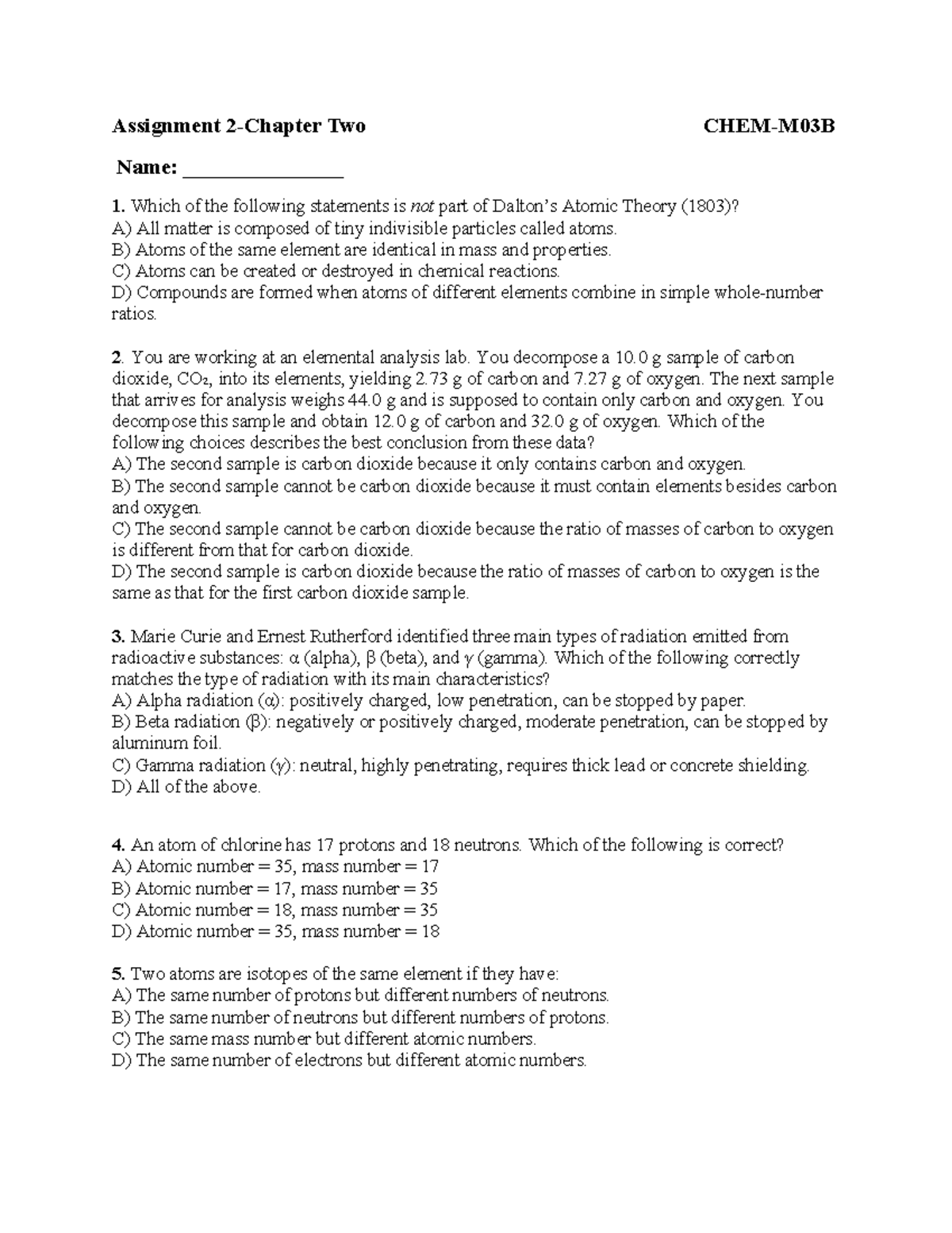 CHEM-M03B Assignment 2 - Chapter Two Questions - Studocu