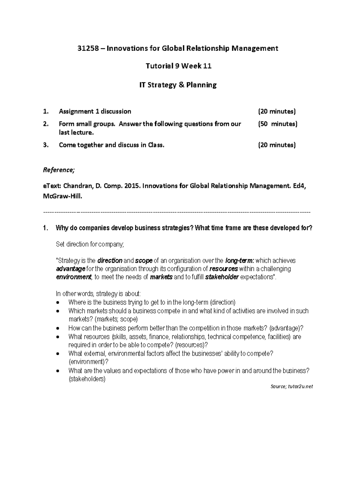 Lecture Notes: IT Strategy & Planning Q&A - Week 11 Tutorial Insights ...