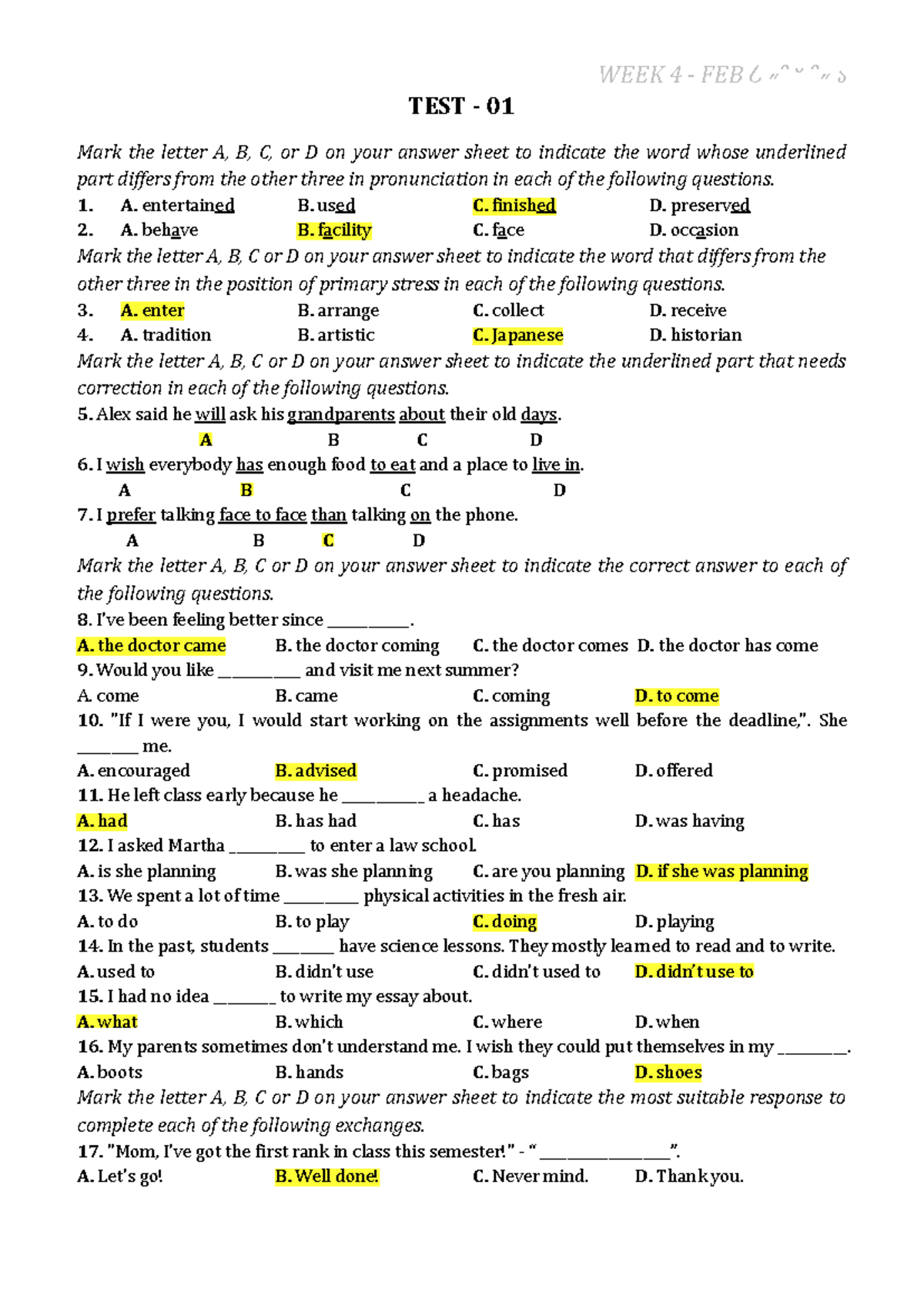 Weekly TEST - W4 FEB - TEST - 01 Mark the letter A, B, C, or D on your ...