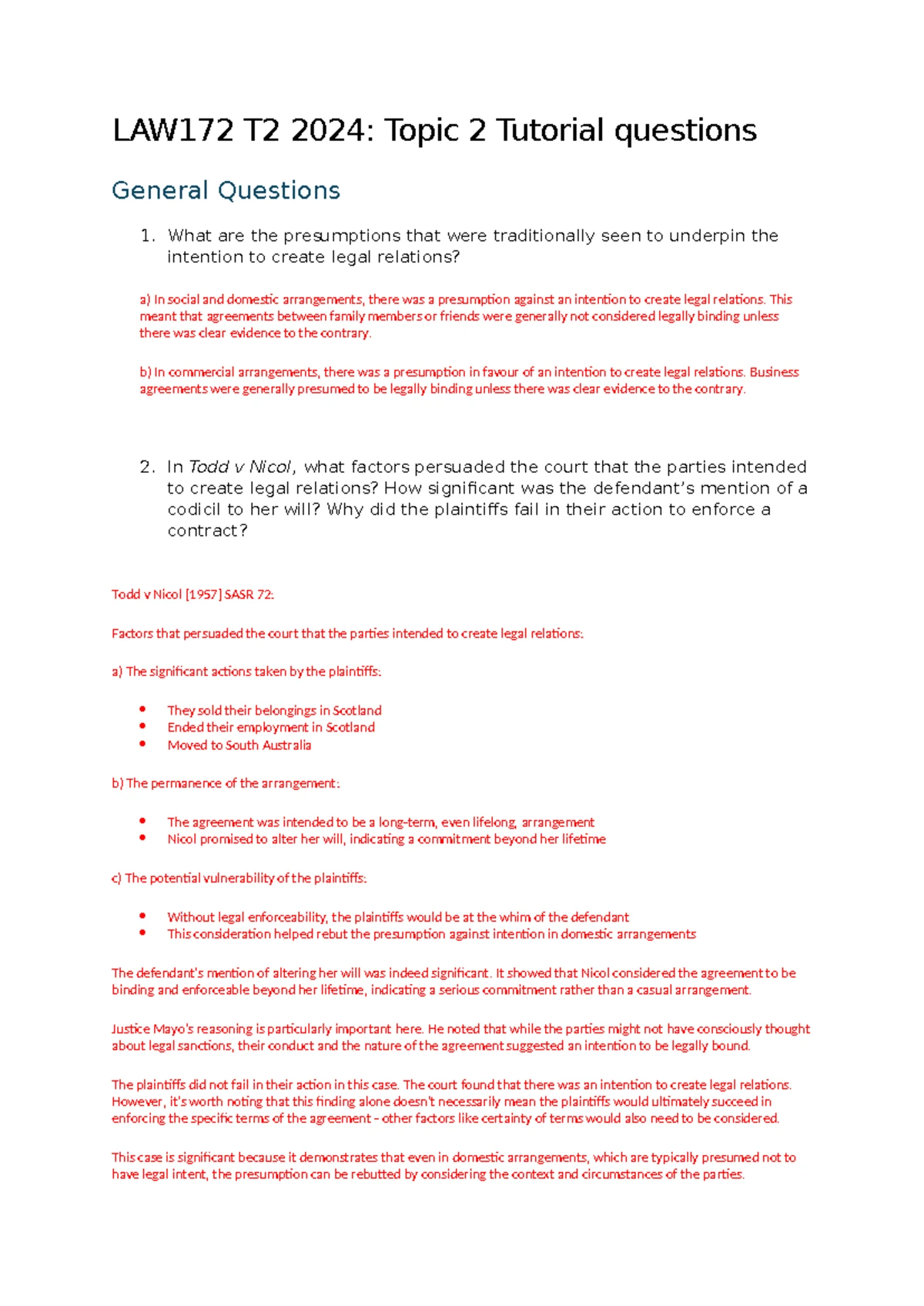 LAW172 T2 2024: Topic 4 Tutorial Questions on Contract Terms - Studocu