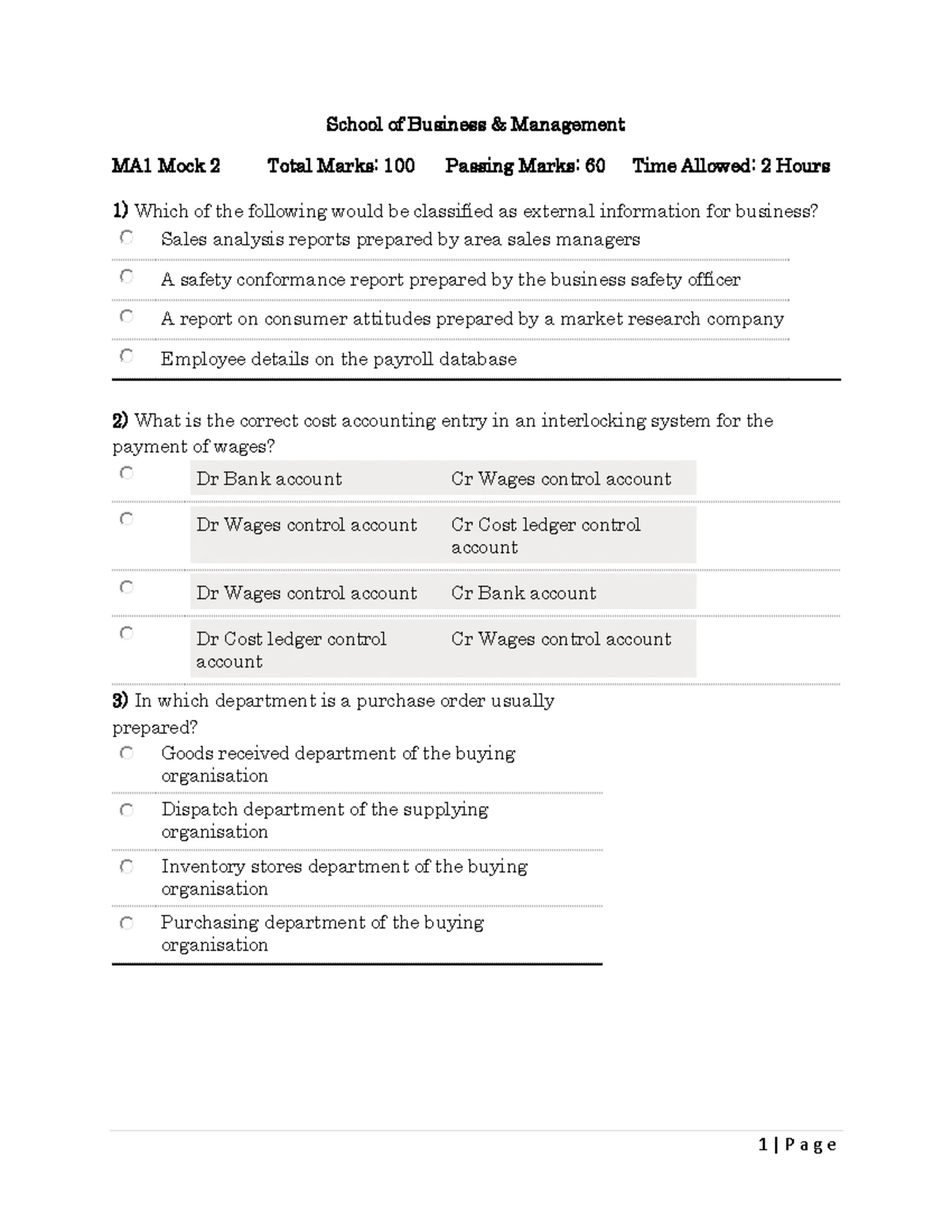 MA1 Mock Exam 3 - Management Accounting Questions & Answers - Studocu