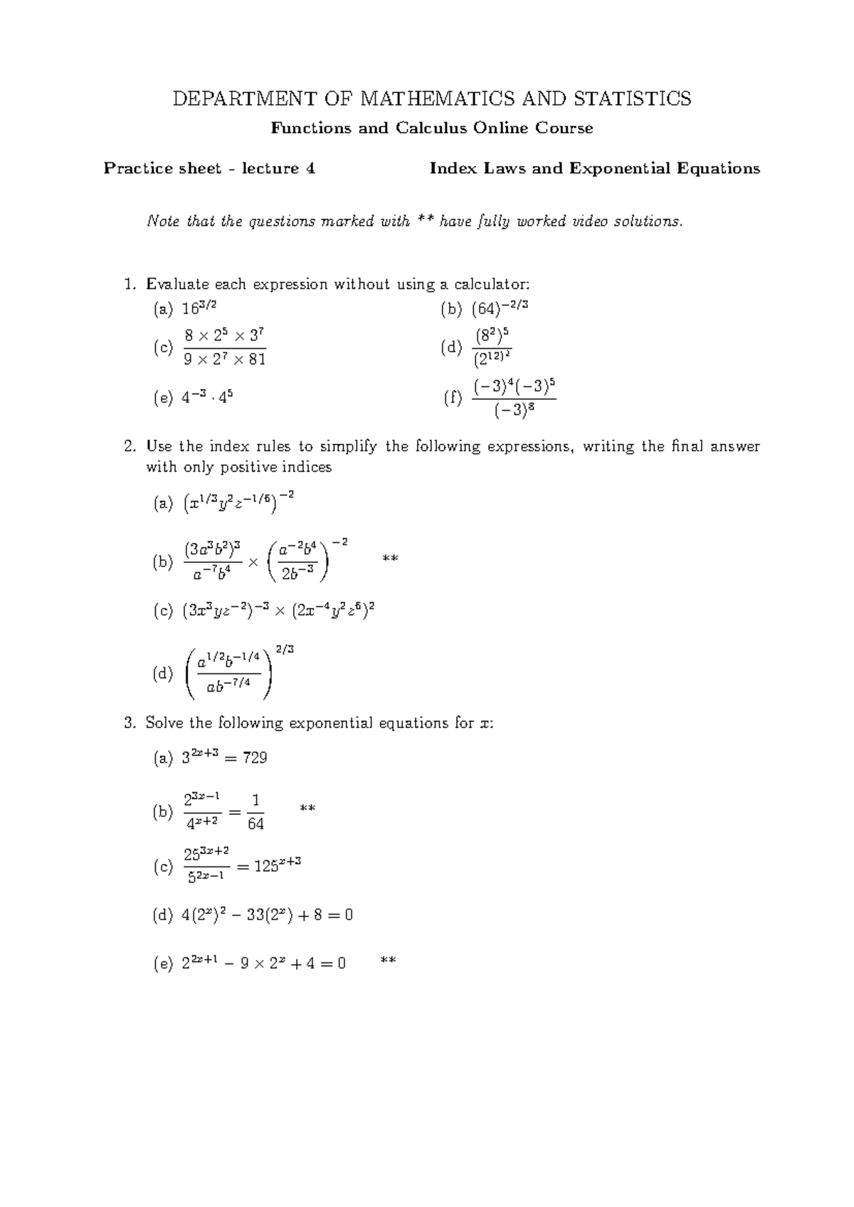 MATH 101: Functions & Calculus Lecture 4 Practice Sheet on Index Laws ...
