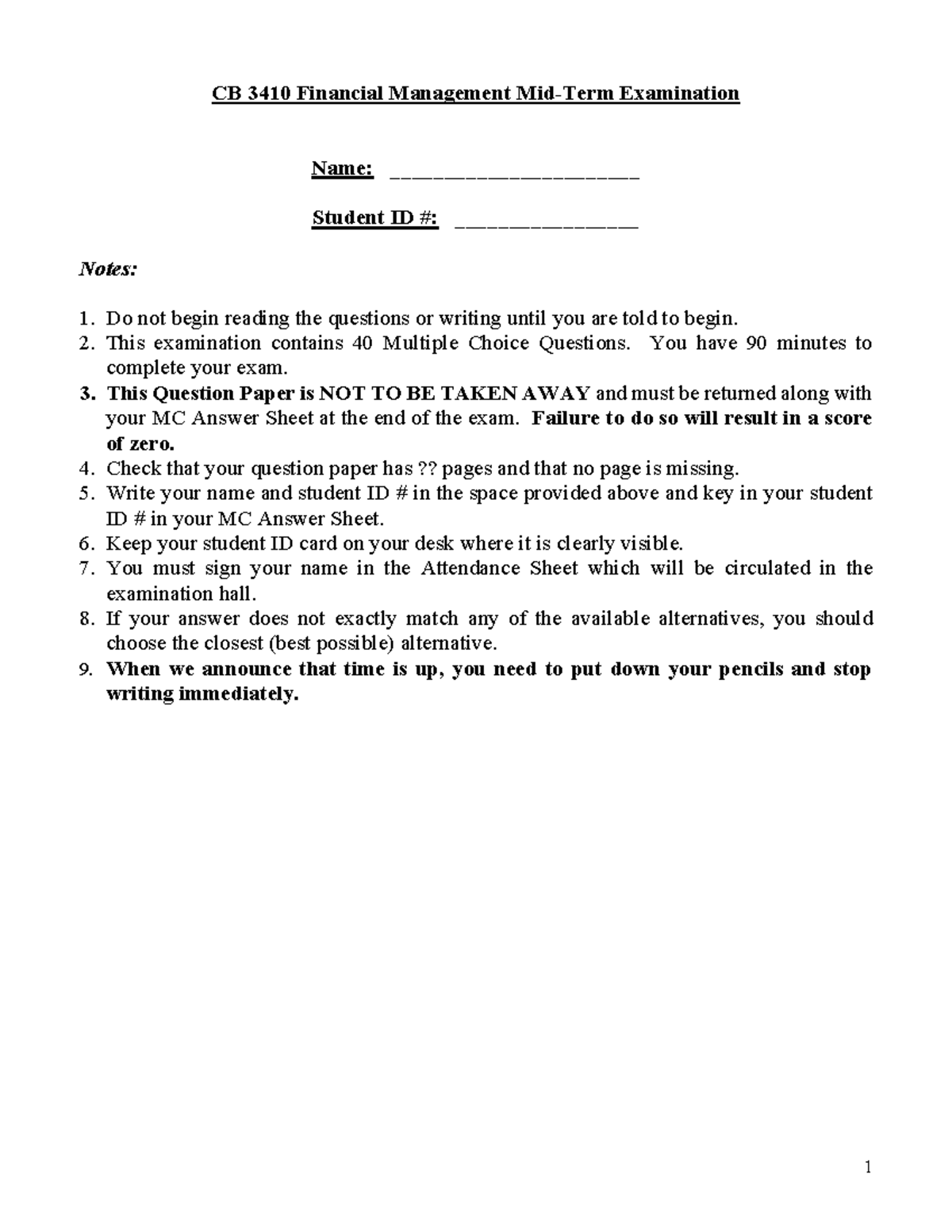 CB 3410 Financial Management Midterm Exam Notes and Solutions - Studocu