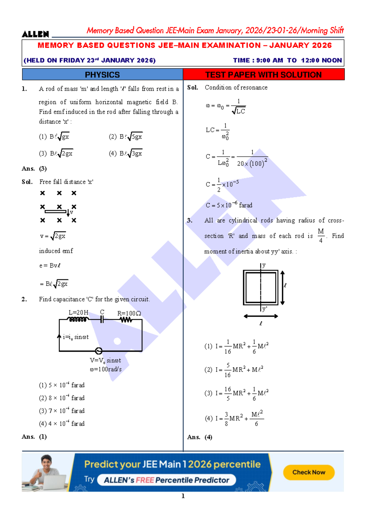 Physics 23 Morning - JEE Mains Solved Paper January 2026 - Studocu