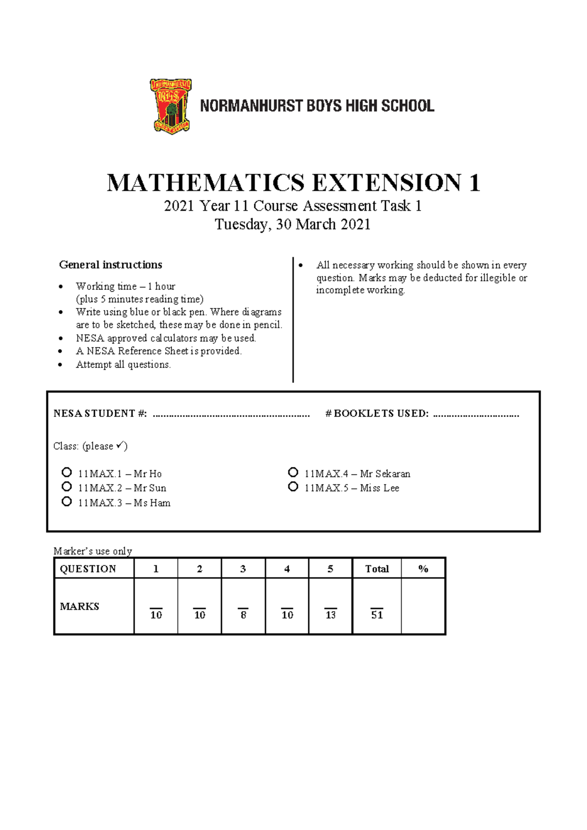 2021 Year 11 Mathematics Extension 1 Assessment Task 1 Questions - Studocu
