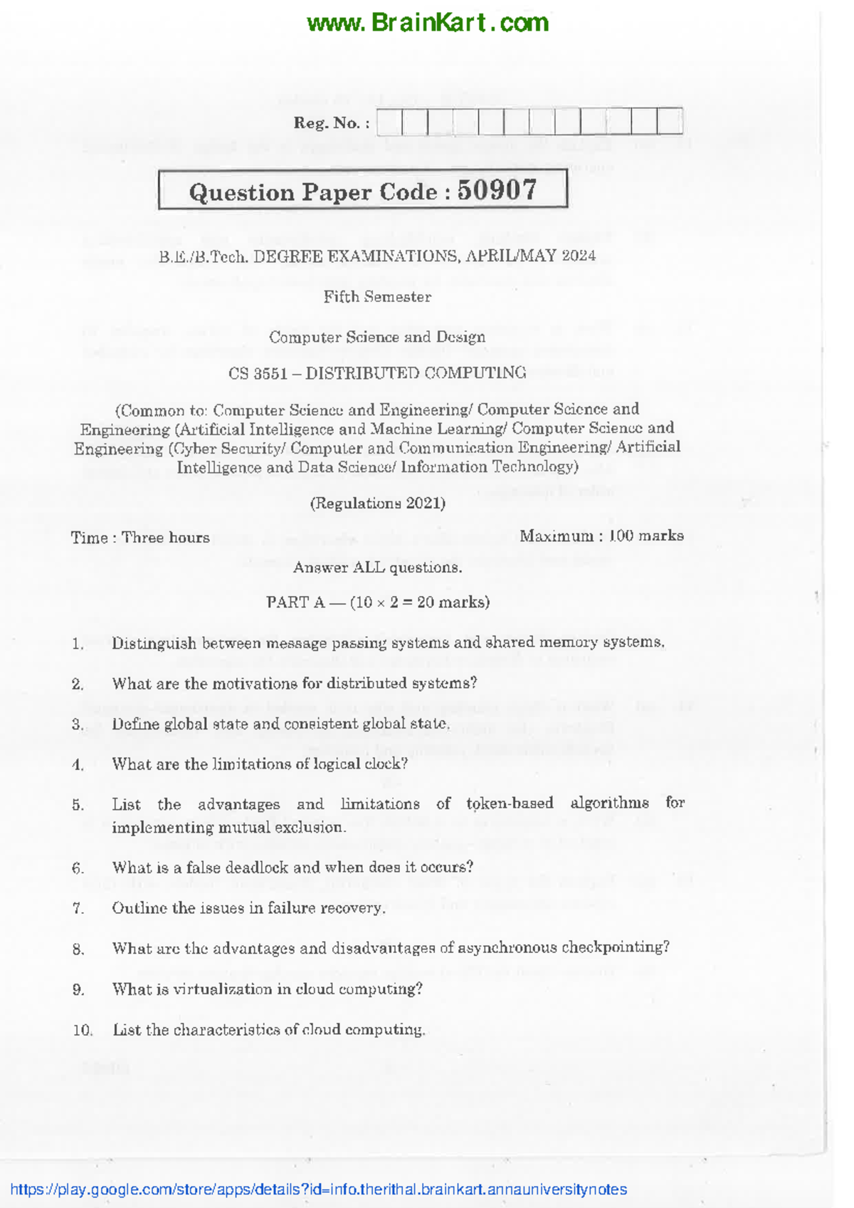 Distributed Computing - CS3551 2021 Regulation - Question Paper 2024 ...
