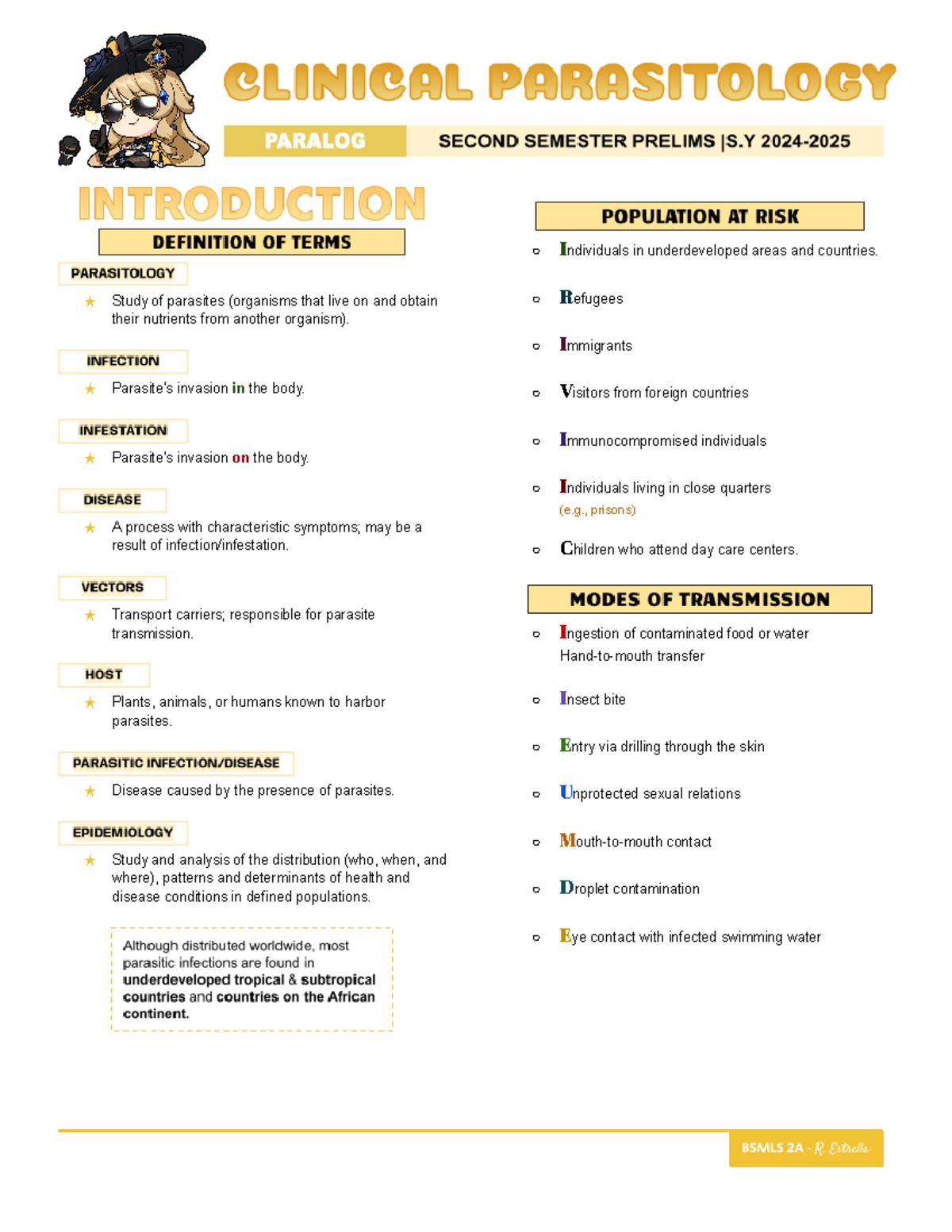 Parasitology Study Notes: Prelims for Course Code PZ 201 - Studocu