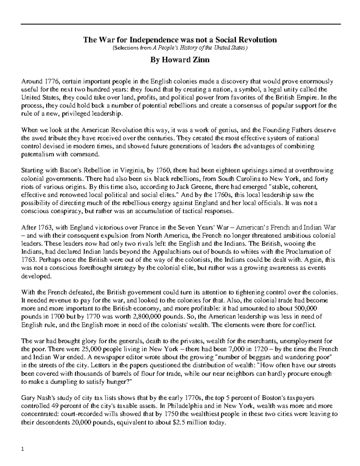 Howard Zinn's Perspectives on the American Revolution: Class Dynamics ...