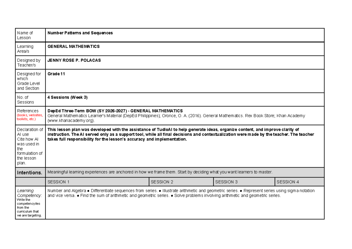 Grade 11 General Mathematics Lesson Plan: Number Patterns & Sequences ...