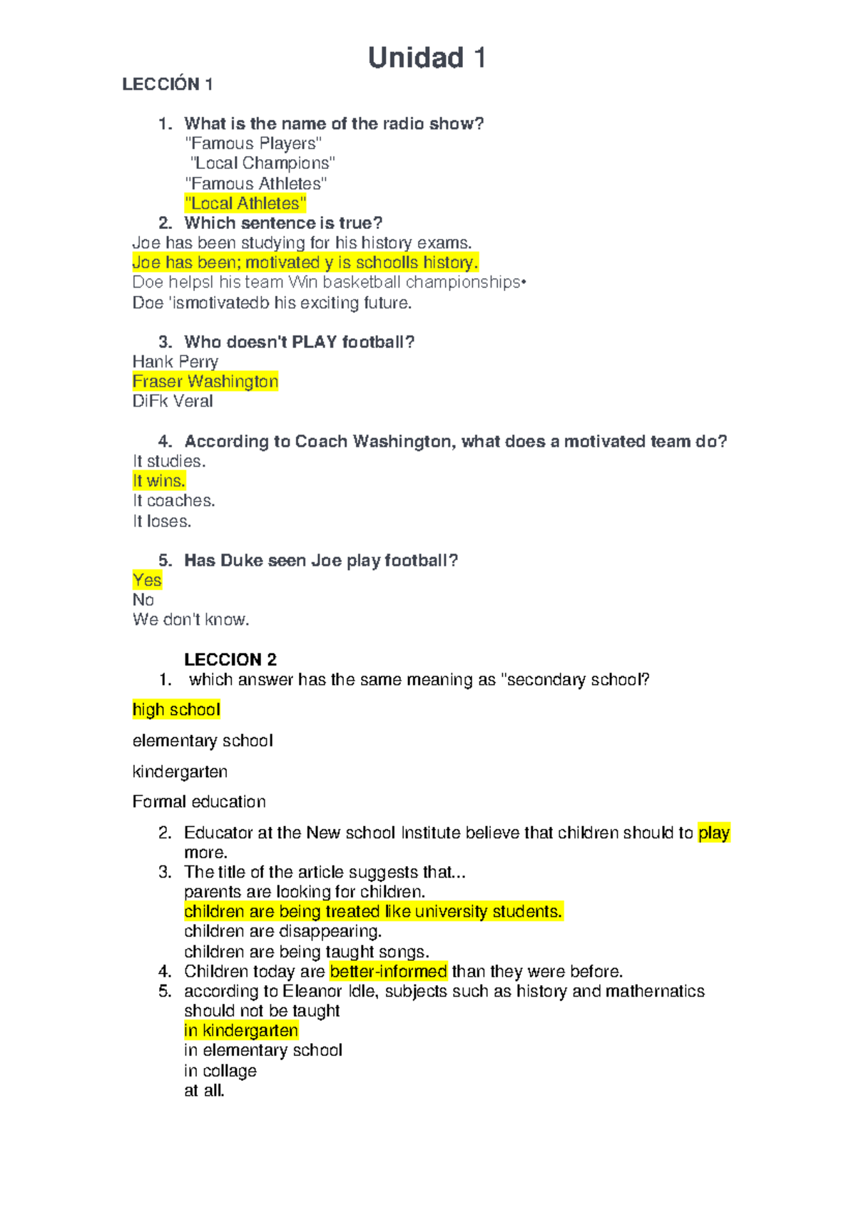 Cuestionario de Inglés - Unidad 1 a Unidad 9 - Test Completo - Document Preview