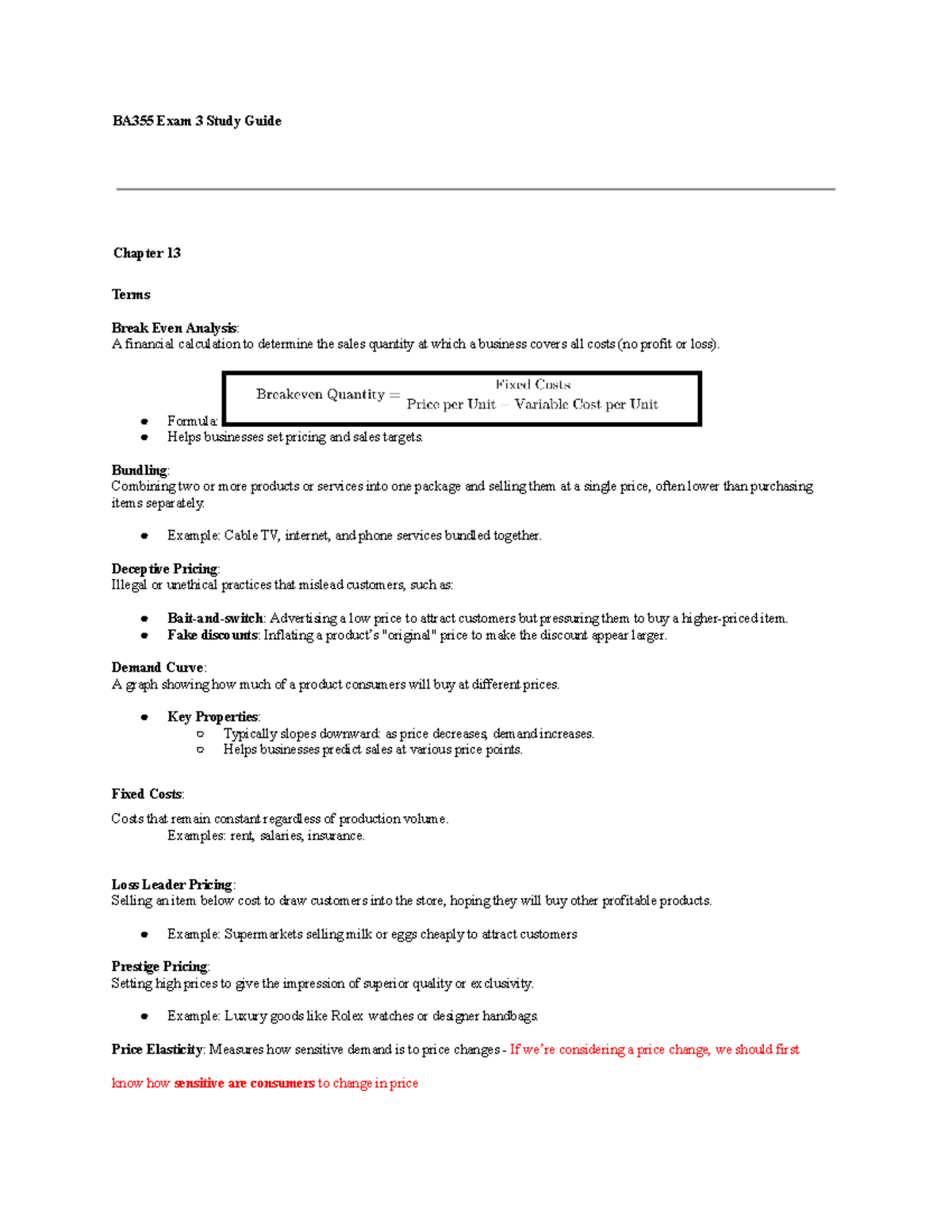 BA355 Exam 3 Study Guide: Key Terms & Concepts on Pricing Strategies ...