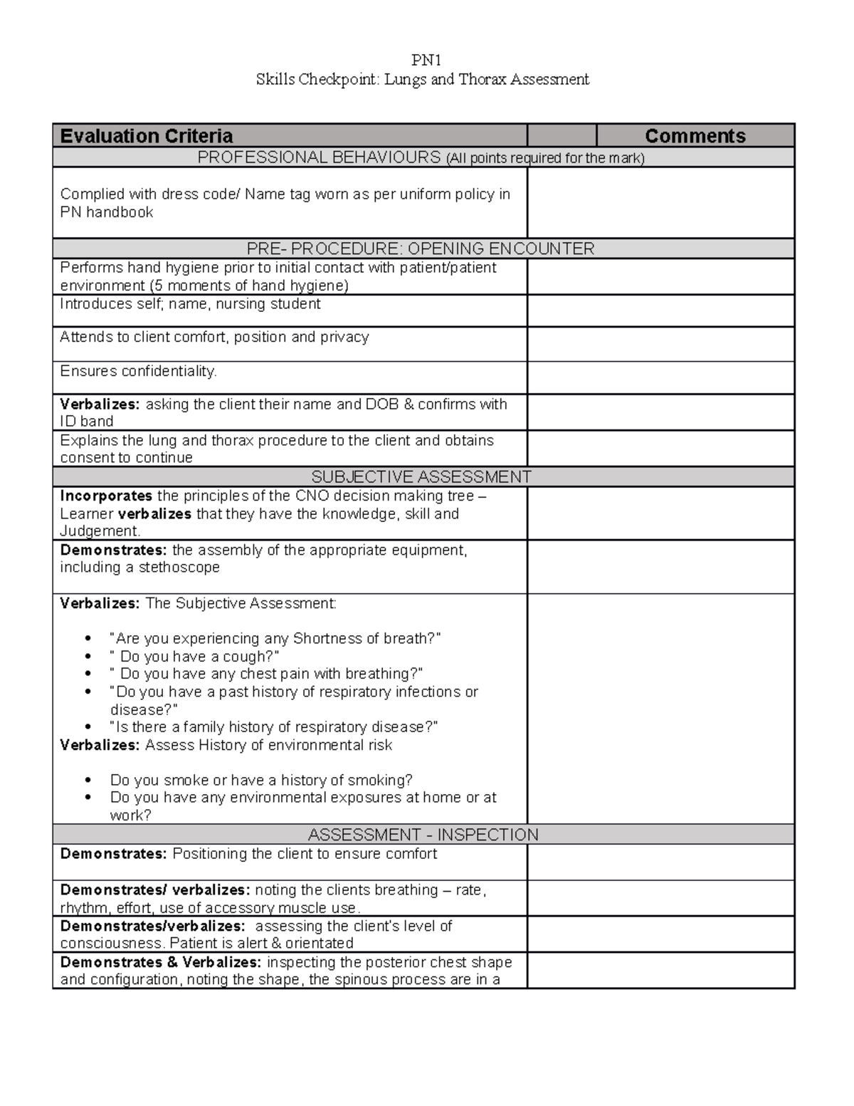 PN Lab 1 - Skills Checkpoint: Lungs & Thorax Assessment Guide - Studocu