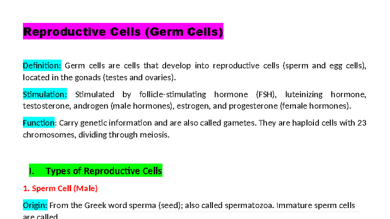 Reproductive Cells (Germ Cells) Overview - Reviewer Notes - Studocu