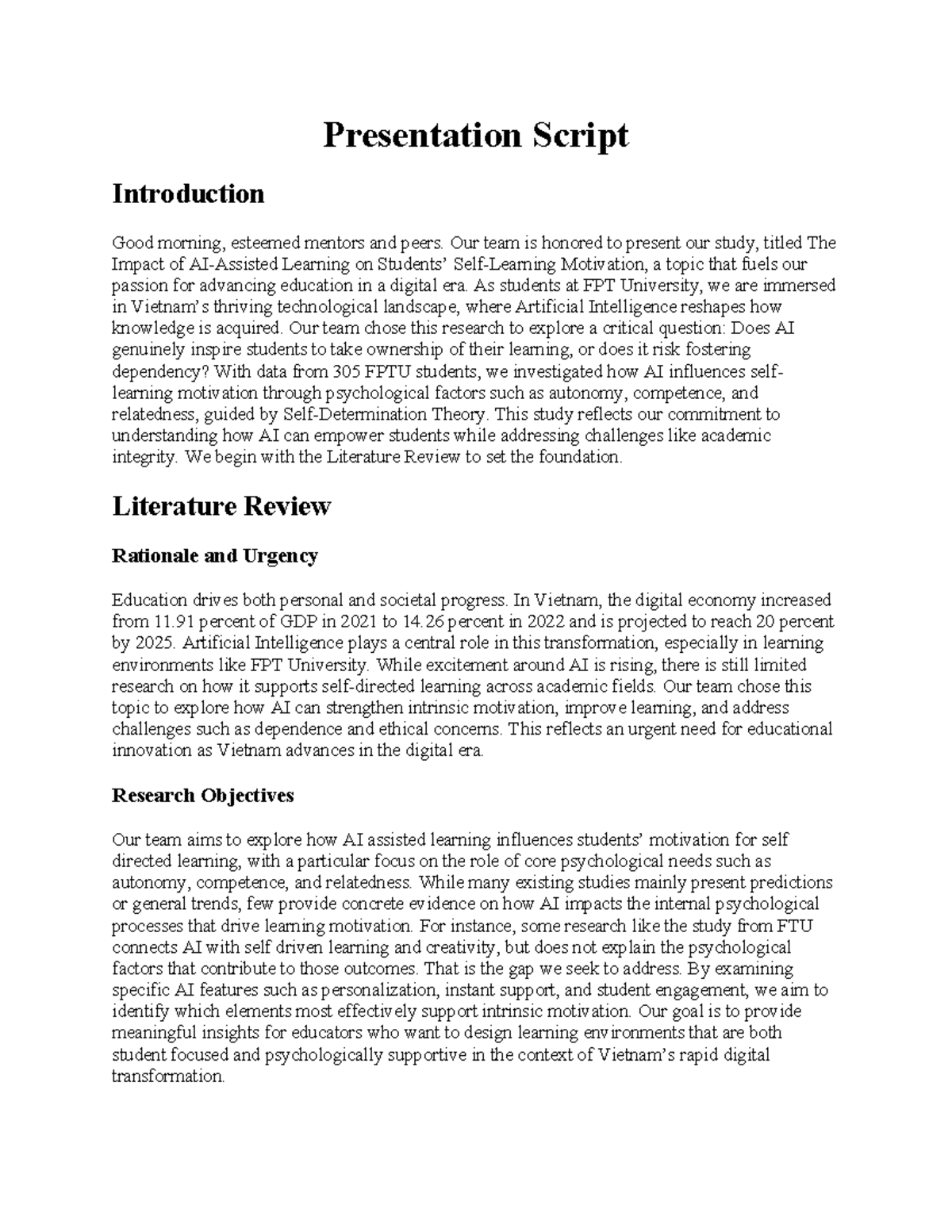 FPTU Research Presentation Script: The Impact of AI on Learning ...