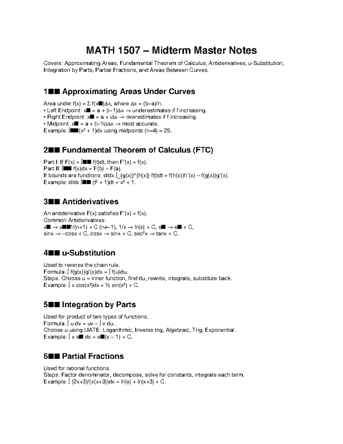MATH 1507 Midterm Study Notes: Areas, FTC, Antiderivatives & More - Studocu