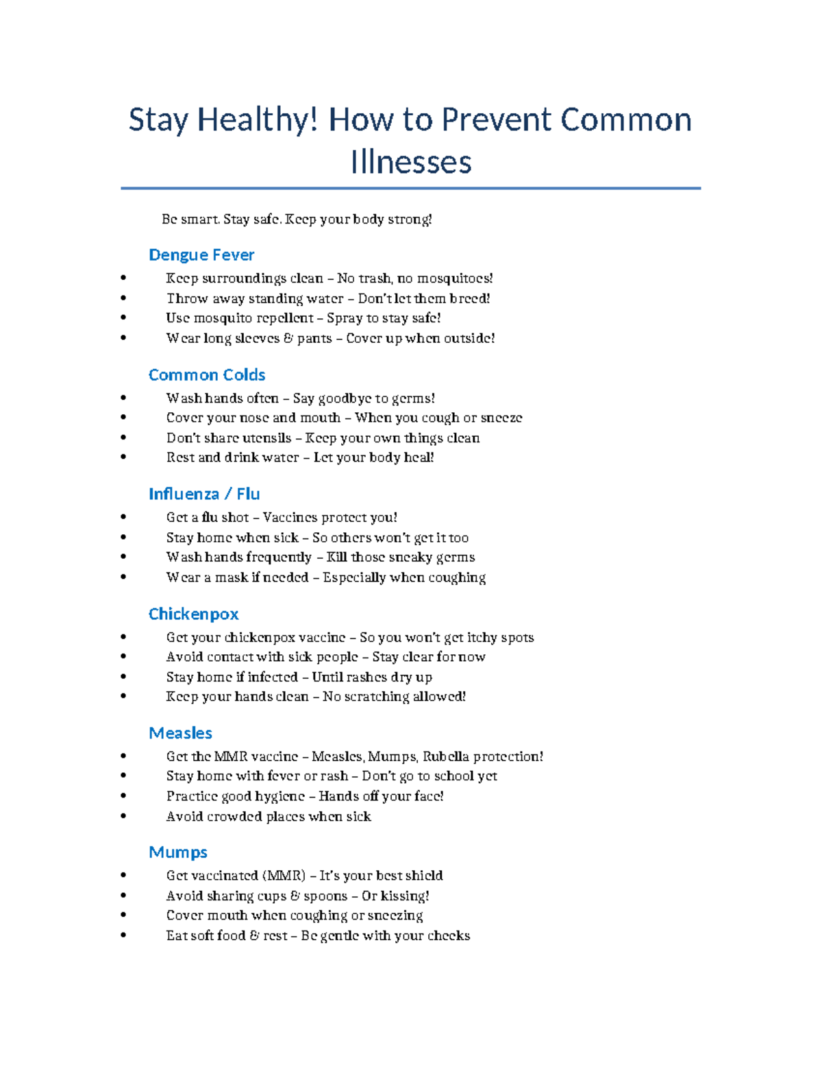 Prevention of Common Illnesses Flashcard: Stay Healthy! - Studocu