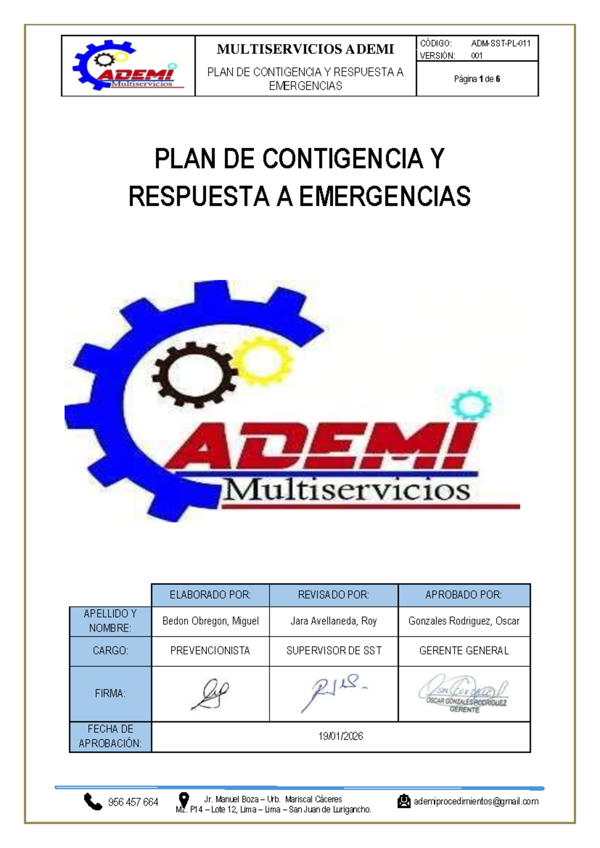 ADM - 011 - Plan de Contingencia y Respuesta a Emergencias 2026 - Studocu