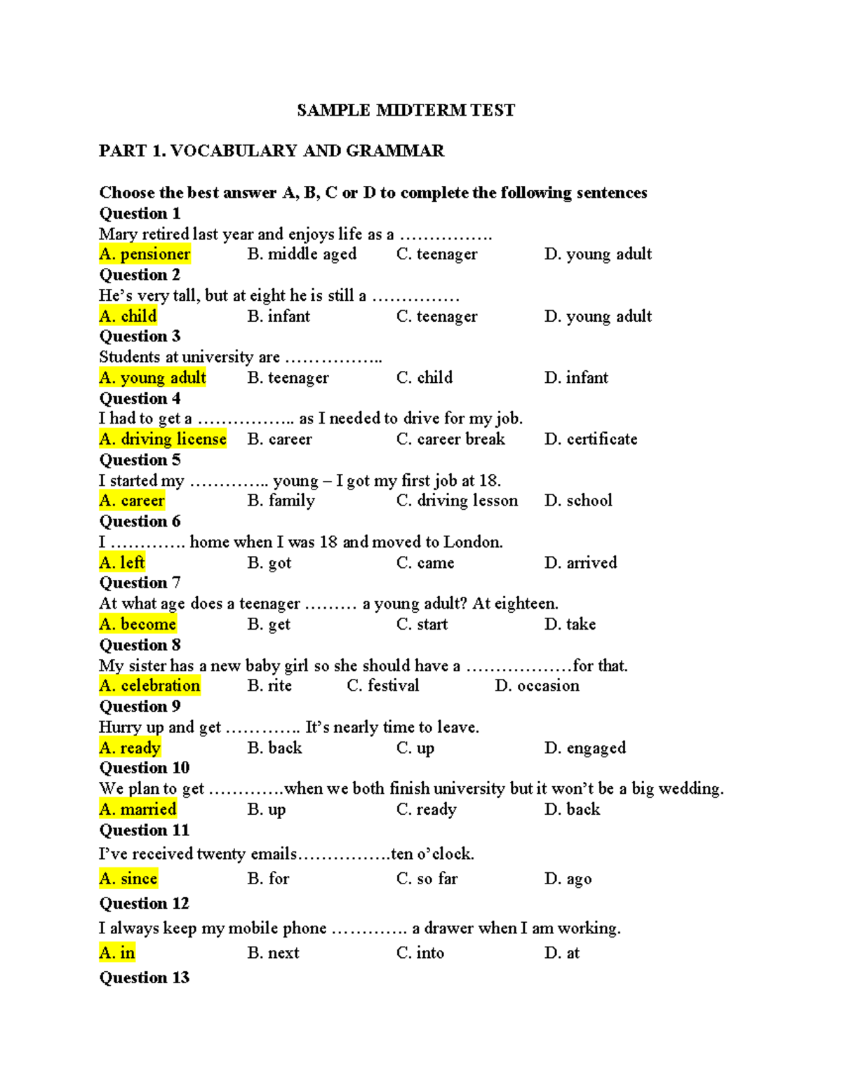 Sample Midterm Test HP2 LẦN 1 - Vocabulary, Grammar & Listening Answers ...