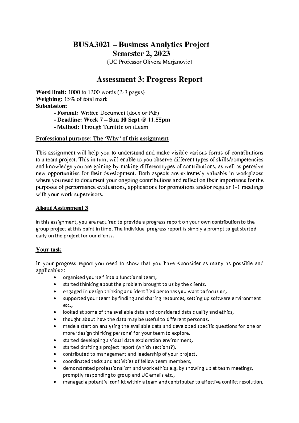 BUSA3021 - Assignment 3: Progress Report on Group Project Contributions ...