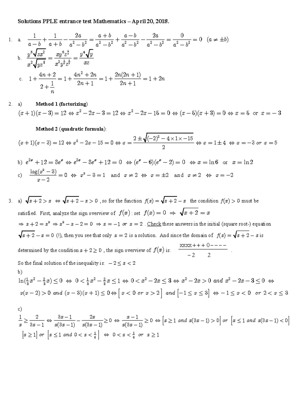 Mathematics Solutions for PPLE Diagnostic Test 2018-1 - Studeersnel