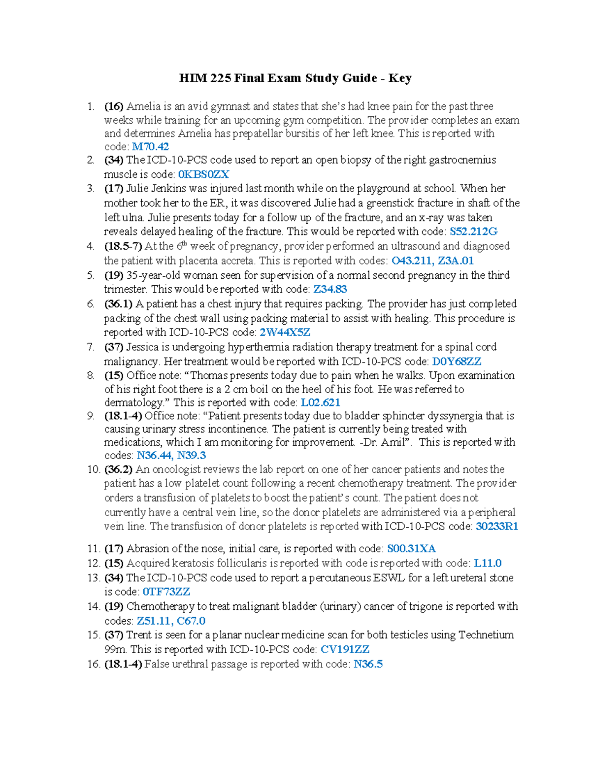 HIM 225 Final Exam Study Guide - Key Details & Coding Procedures - Studocu