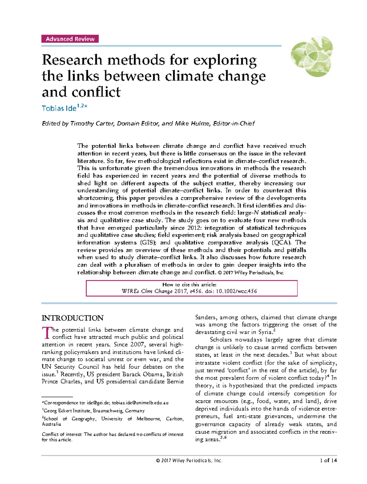 Advanced Review: Research Methods Linking Climate Change and Conflict ...