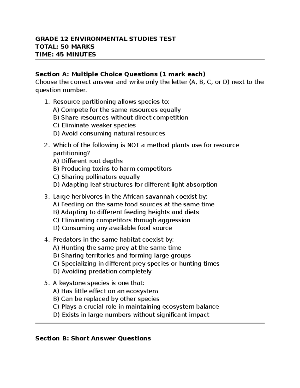 Grade 12 Environmental Studies TEST - GRADE 12 ENVIRONMENTAL STUDIES ...