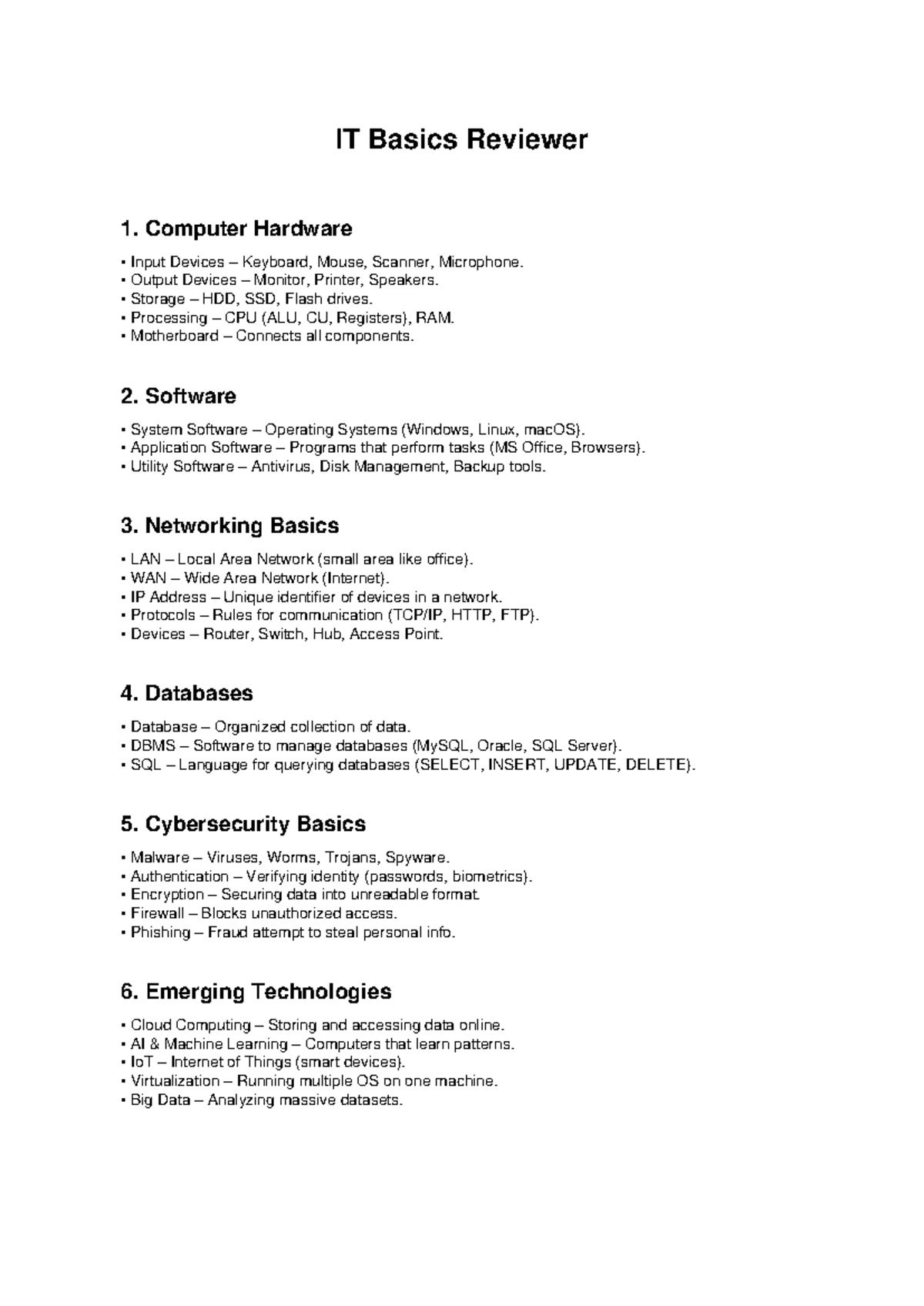 IT Basics Review: Hardware, Software, Networking & Cybersecurity - Studocu