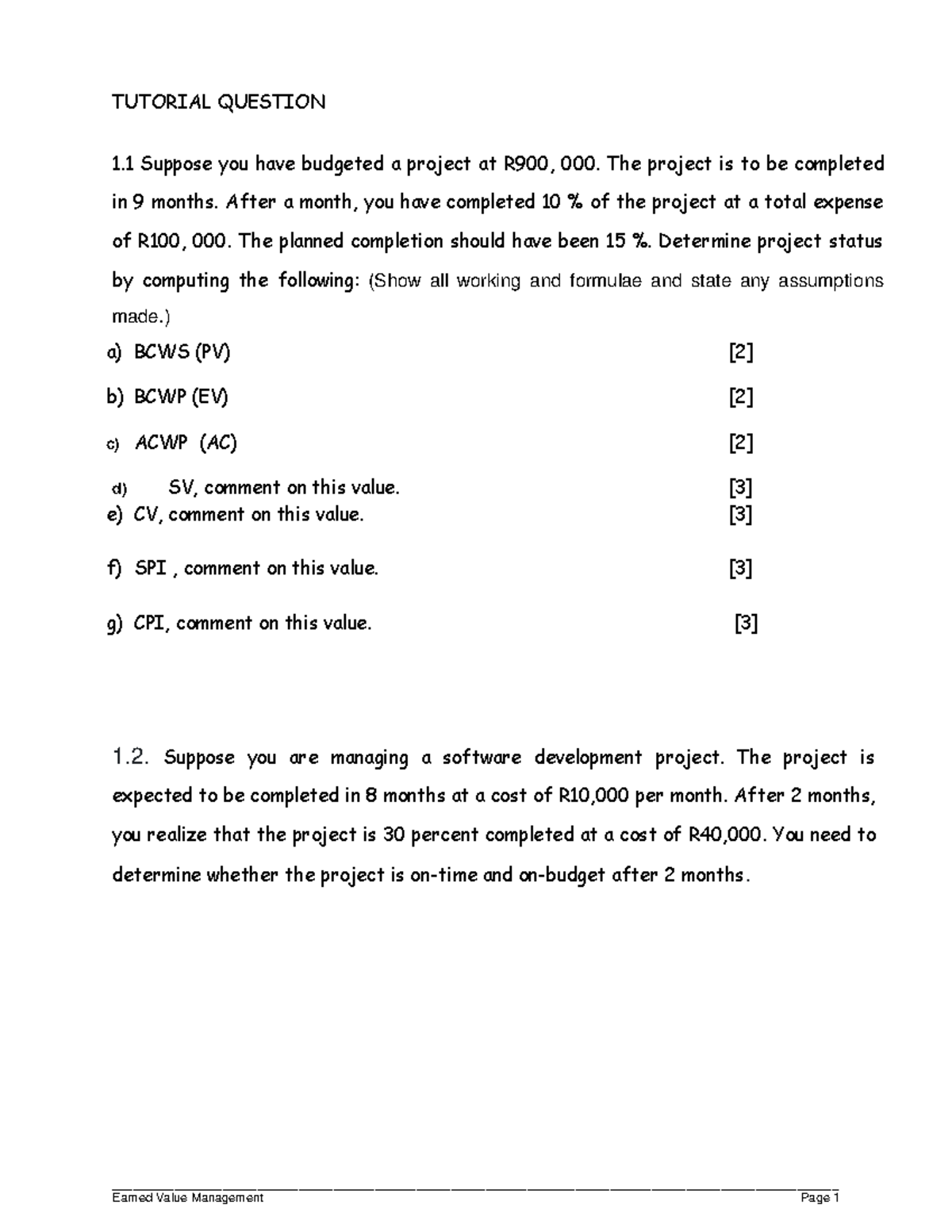 Earned Value Analysis Exercises for Project Management MEMO - Studocu