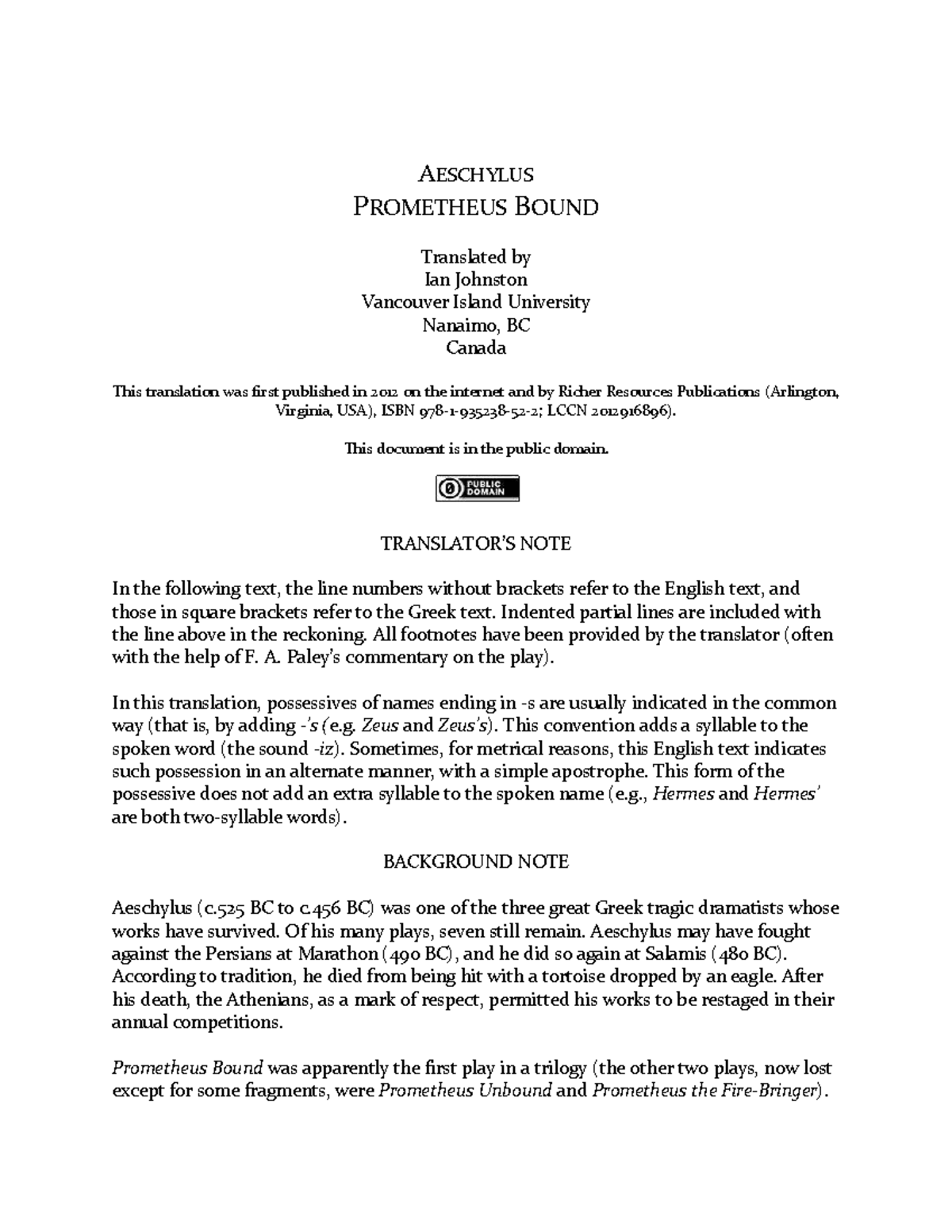 Prometheus Bound Analysis - Aeschylus' Tragic Play Insights - Studocu