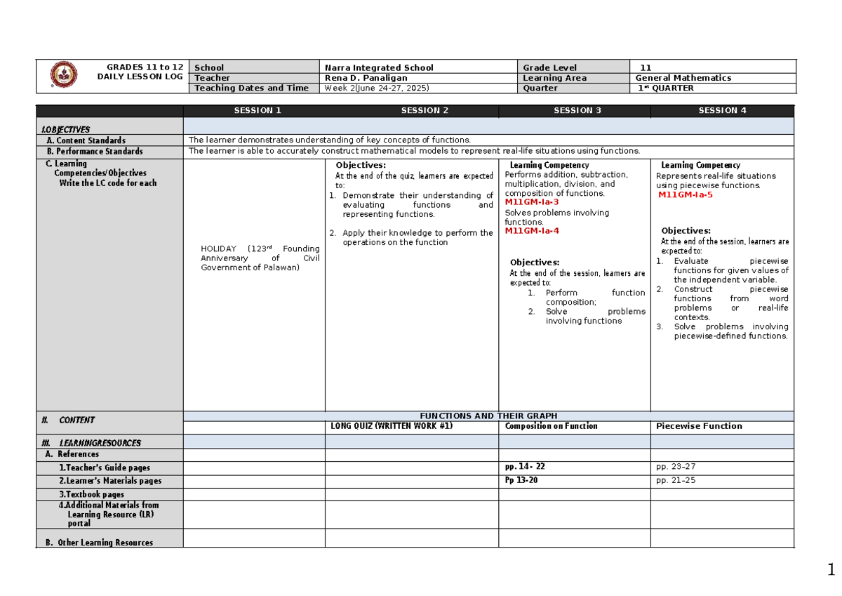 Grade 11 General Math: Week 2 Daily Lesson Log (1st Quarter) - Studocu