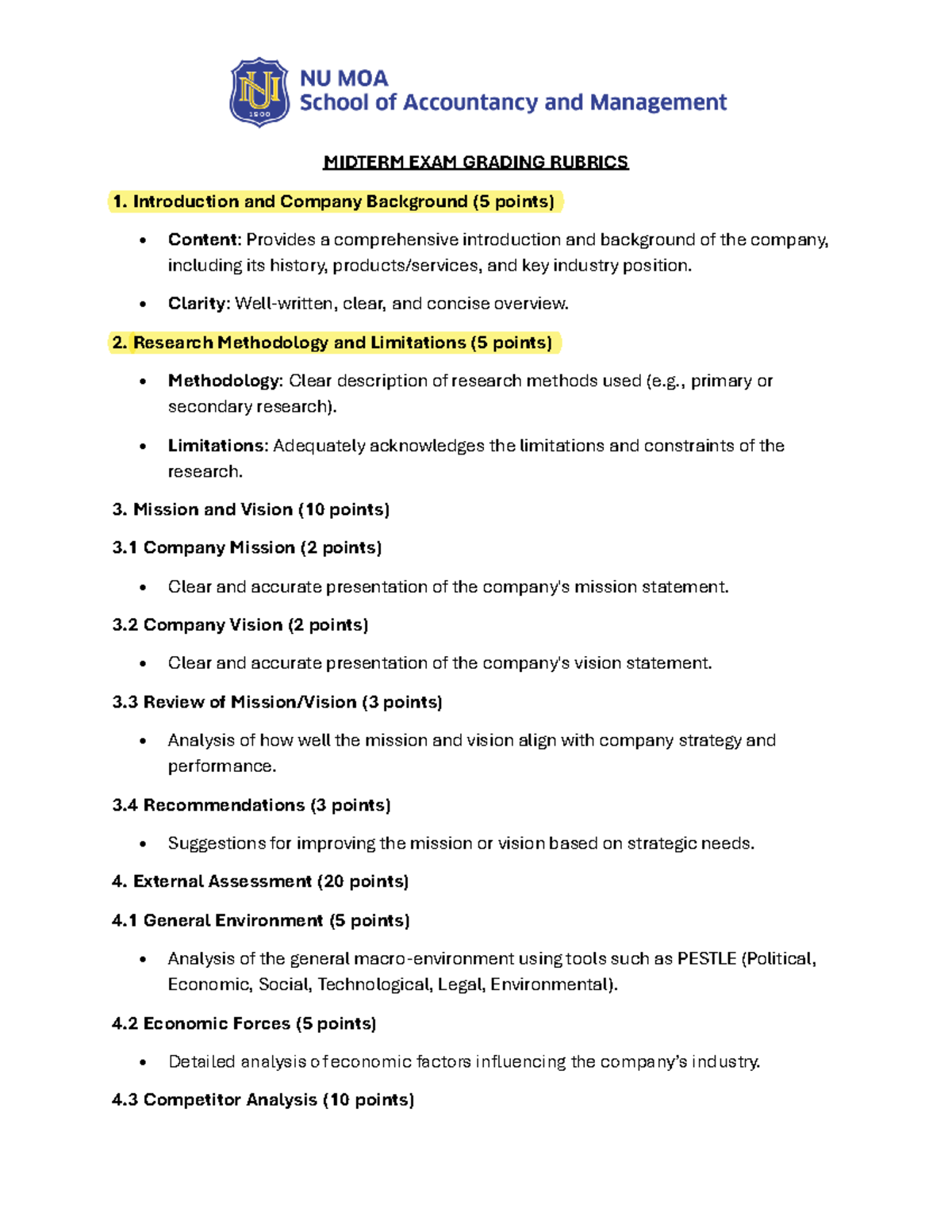Strategic Management Midterm Rubrics - MIDTERM EXAM GRADING RUBRICS 1 ...