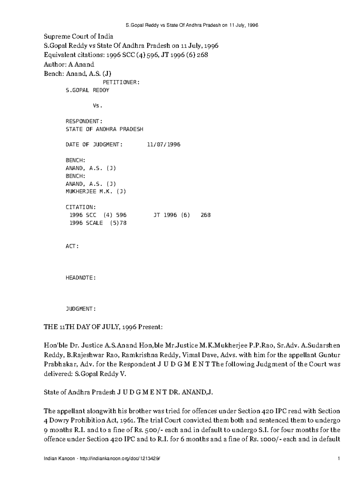 S.Gopal Reddy vs. State of Andhra Pradesh: Supreme Court Ruling ...