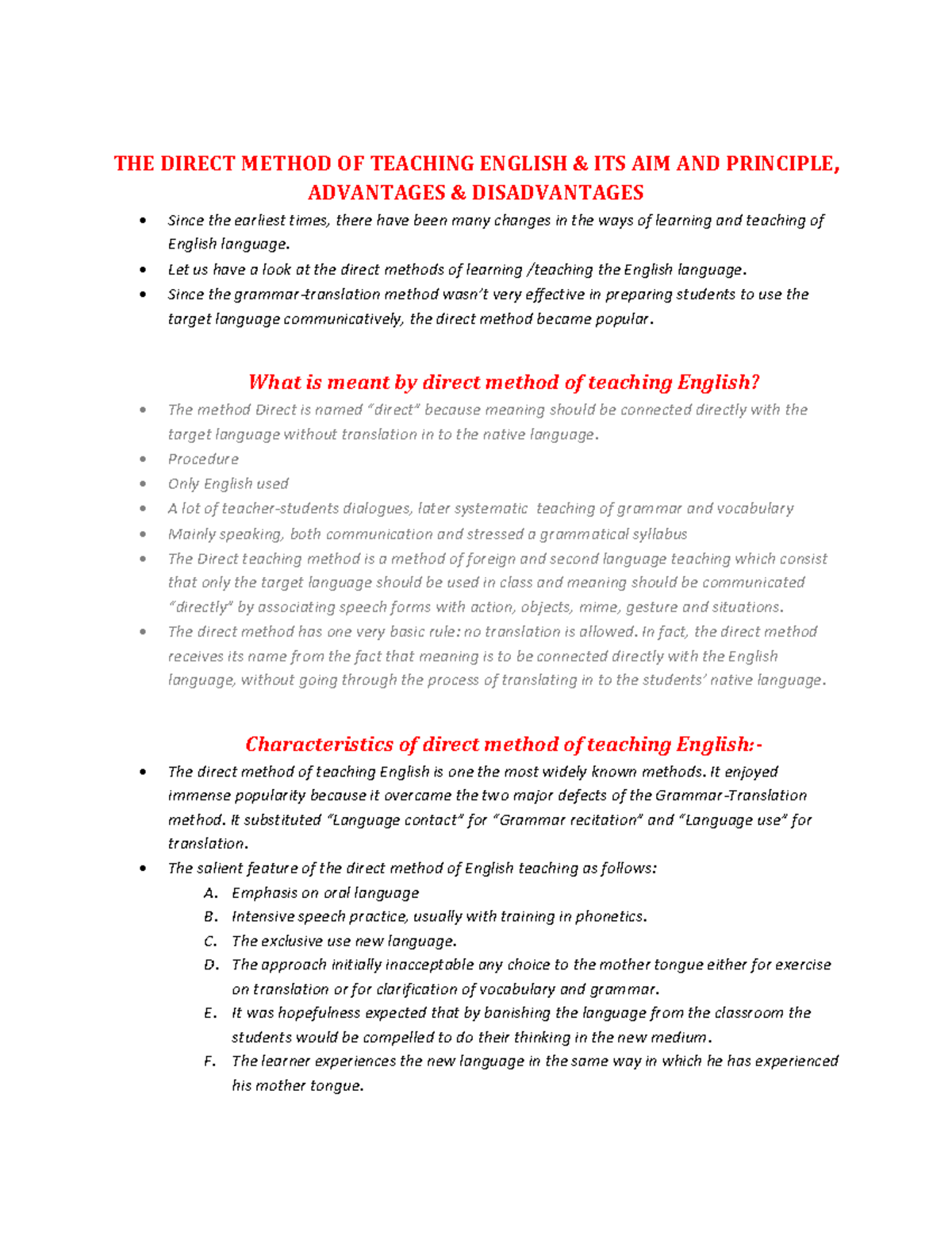 The Direct Method of Teaching English: A Comprehensive Overview - Studocu